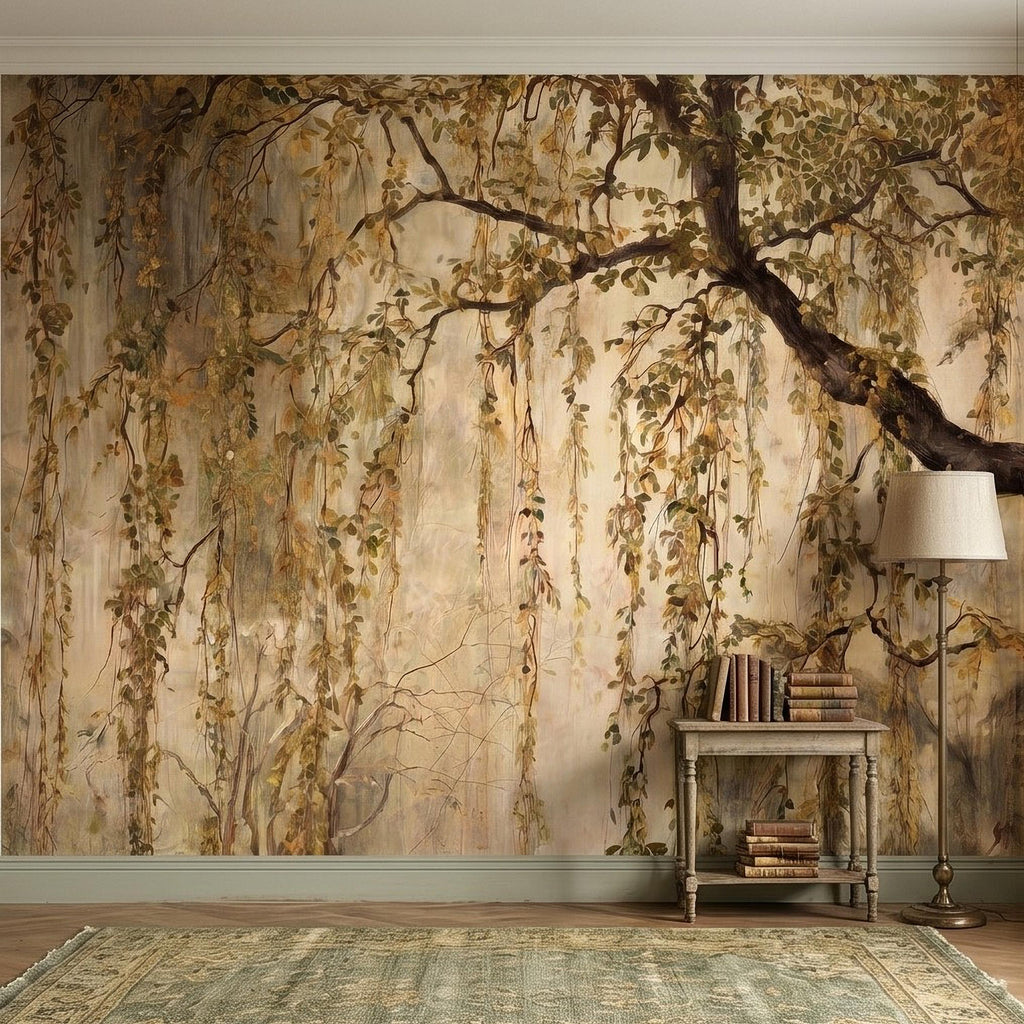 Vintage Weeping Willow Peel and Stick Wall Mural, Cascading Willow Branches, Woodland Canopy Botanical Wallpaper