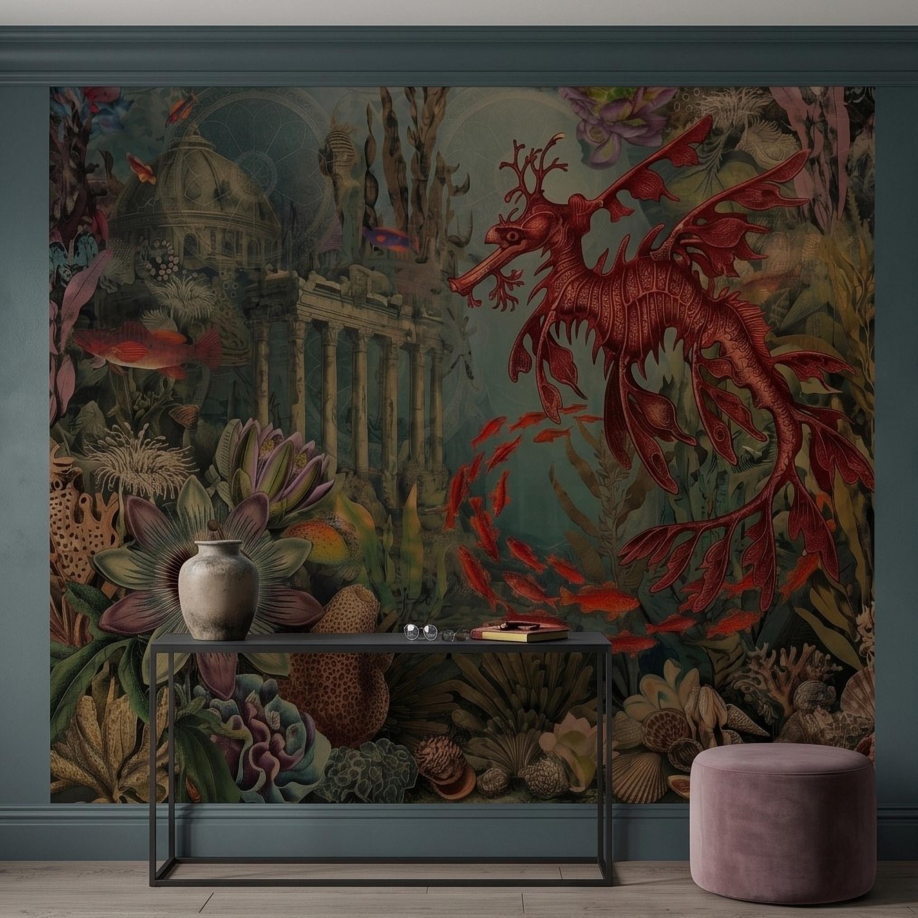 Fantasy Underwater Peel and Stick Wall Mural, Leafy Sea Dragon and Ancient Ruins, Tropical Coral Reef Scene Ocean Life Wallpaper