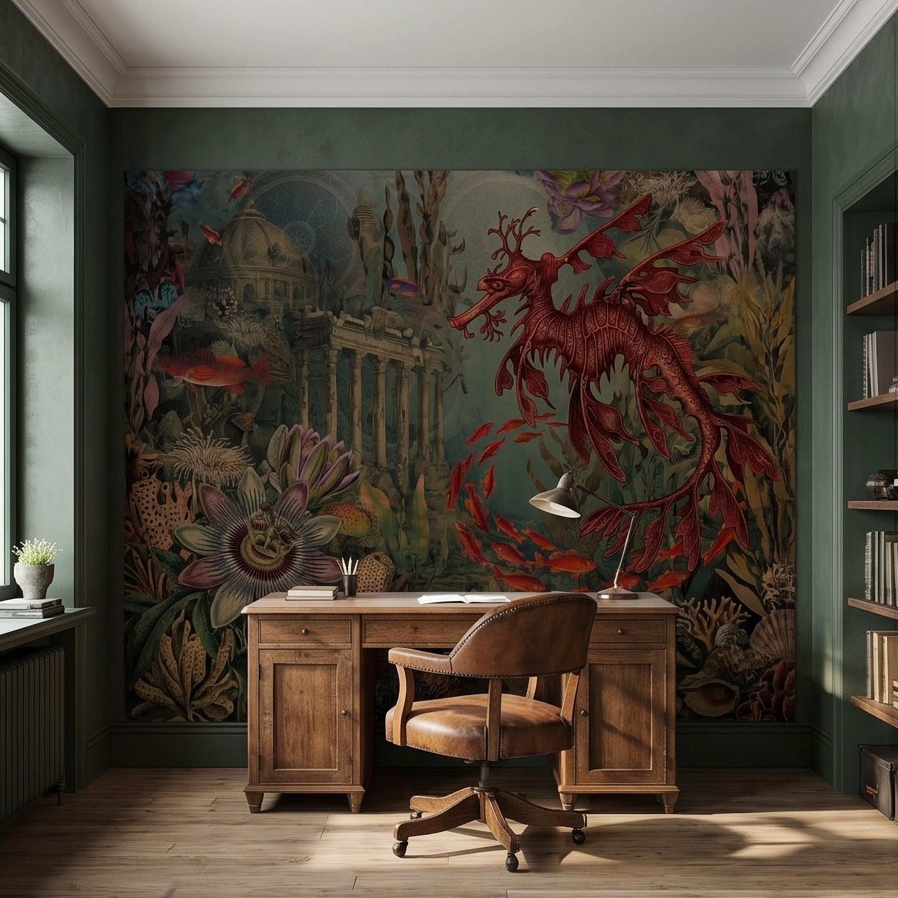Fantasy Underwater Peel and Stick Wall Mural, Leafy Sea Dragon and Ancient Ruins, Tropical Coral Reef Scene Ocean Life Wallpaper