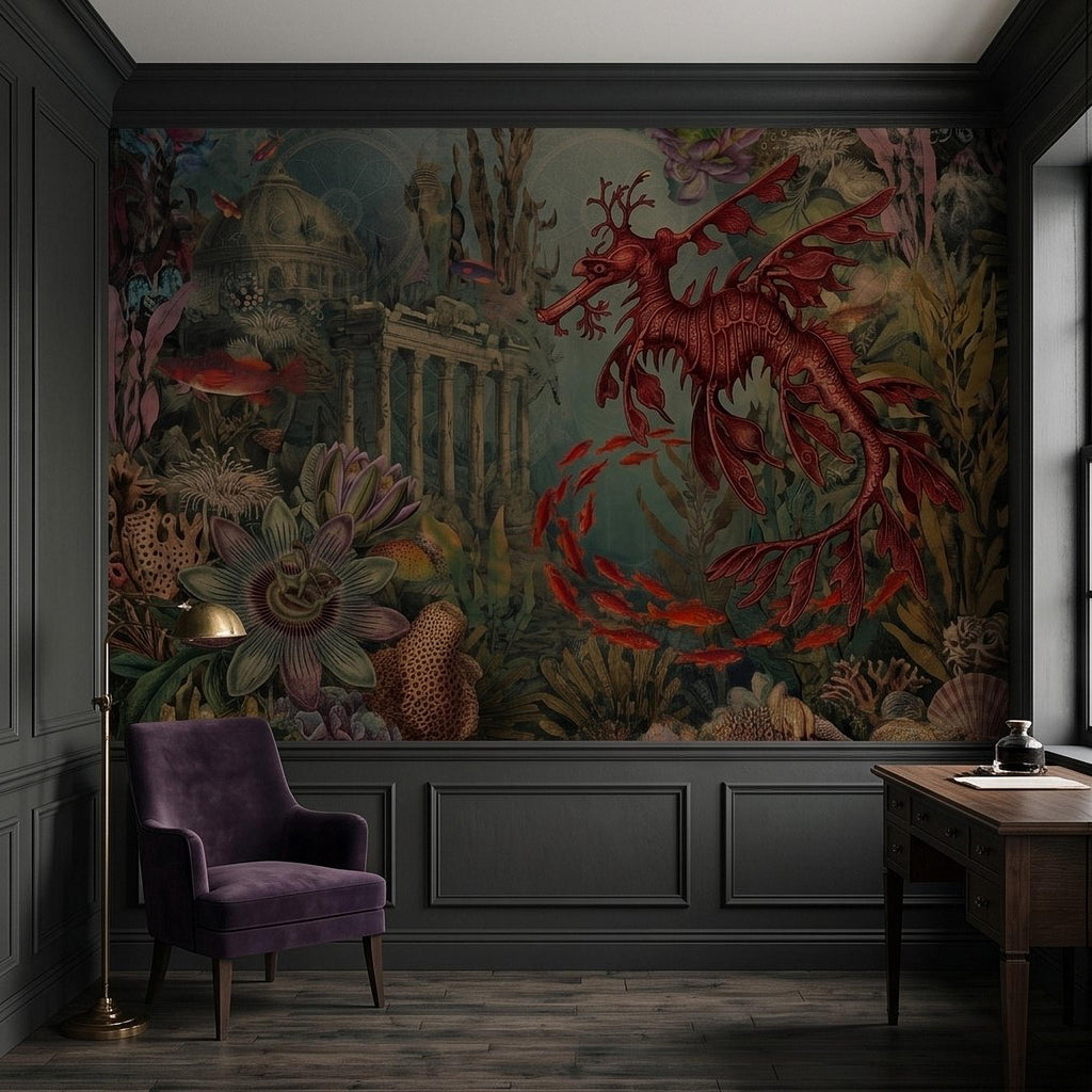 Fantasy Underwater Peel and Stick Wall Mural, Leafy Sea Dragon and Ancient Ruins, Tropical Coral Reef Scene Ocean Life Wallpaper