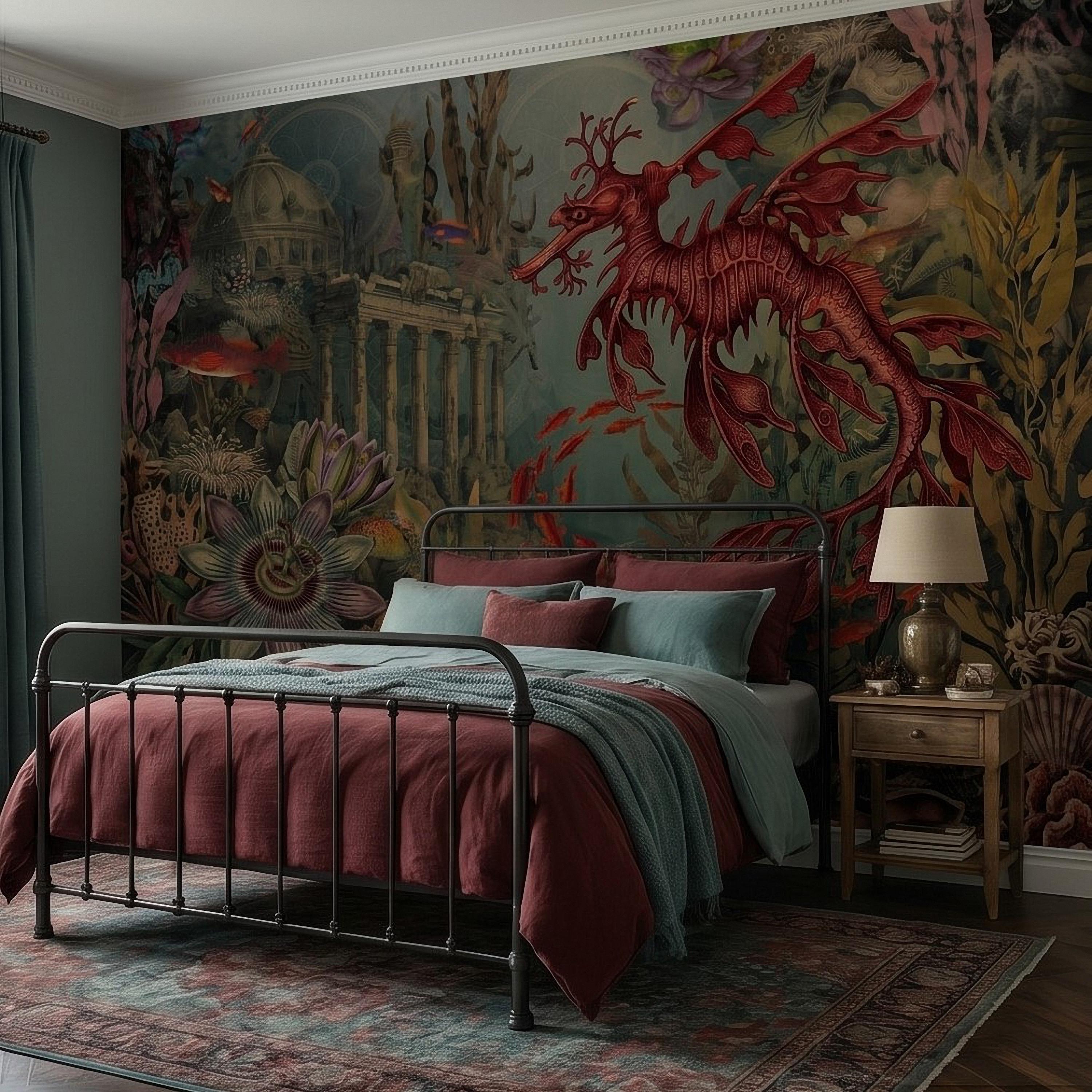 Fantasy Underwater Peel and Stick Wall Mural, Leafy Sea Dragon and Ancient Ruins, Tropical Coral Reef Scene Ocean Life Wallpaper
