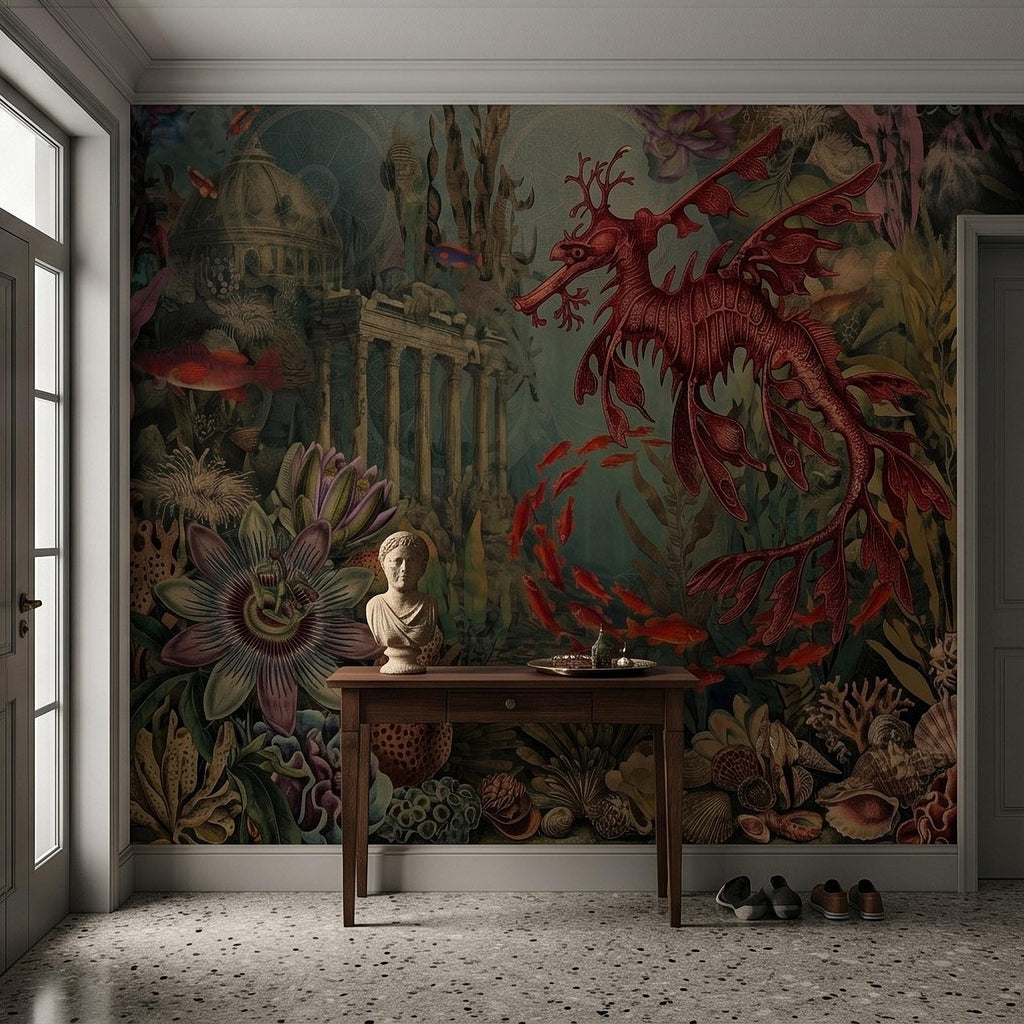 Fantasy Underwater Peel and Stick Wall Mural, Leafy Sea Dragon and Ancient Ruins, Tropical Coral Reef Scene Ocean Life Wallpaper