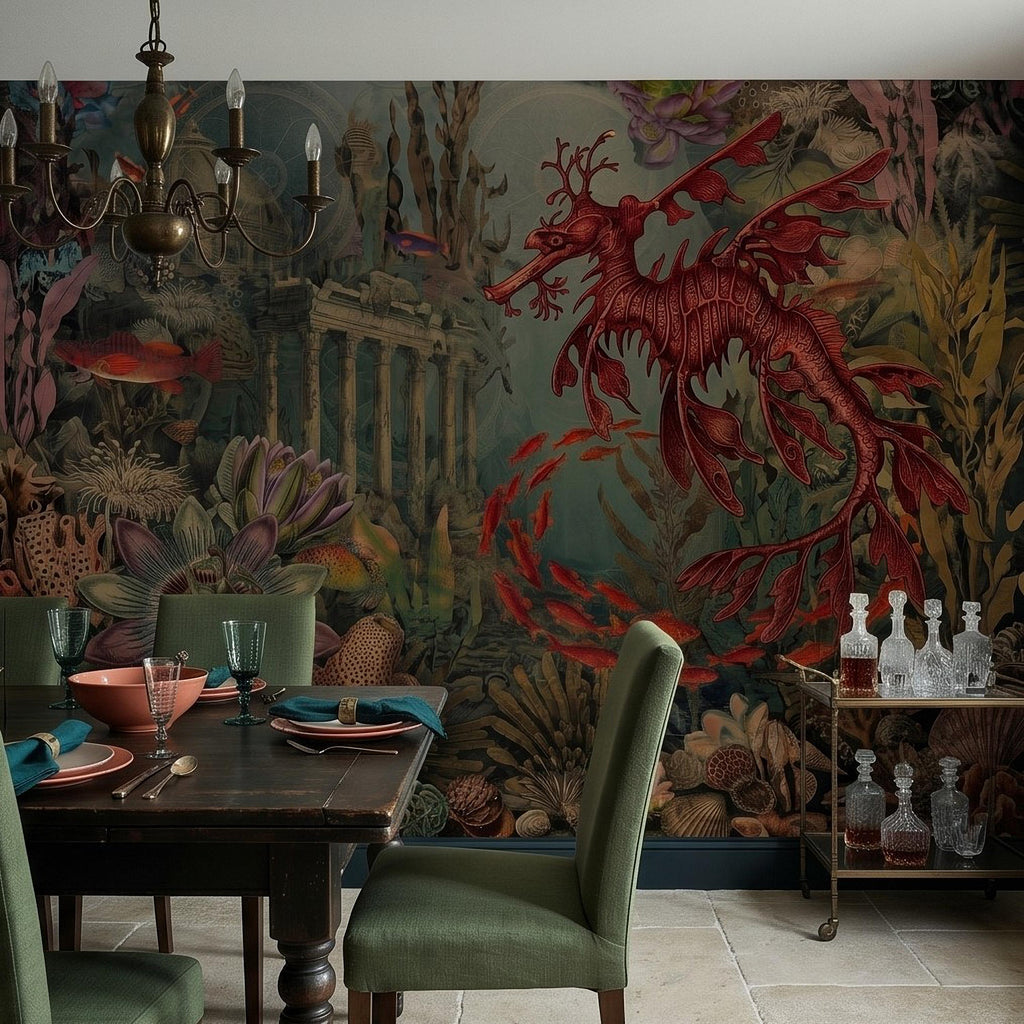 Fantasy Underwater Peel and Stick Wall Mural, Leafy Sea Dragon and Ancient Ruins, Tropical Coral Reef Scene Ocean Life Wallpaper