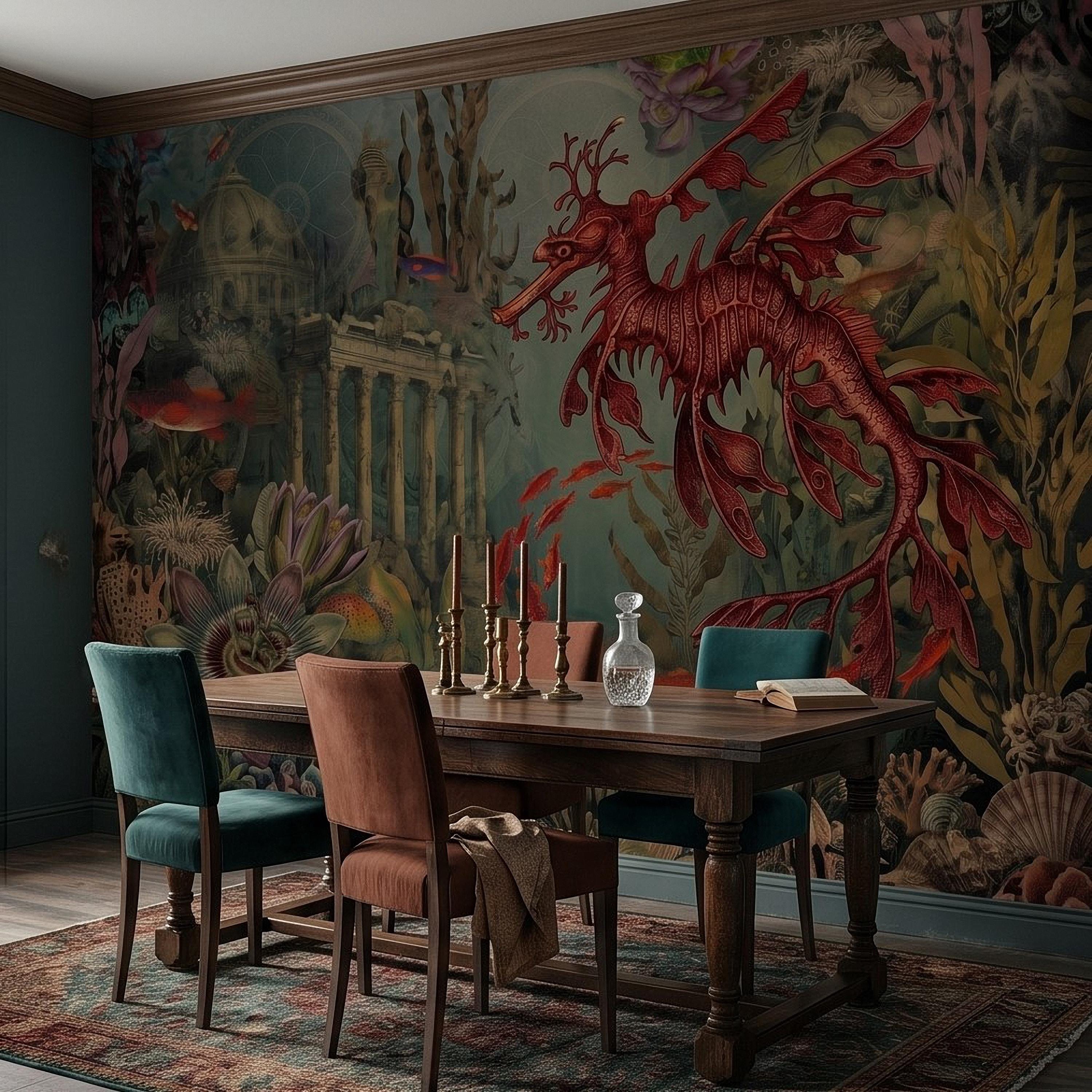 Fantasy Underwater Peel and Stick Wall Mural, Leafy Sea Dragon and Ancient Ruins, Tropical Coral Reef Scene Ocean Life Wallpaper