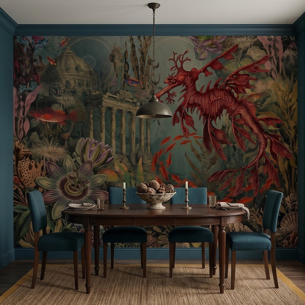 Fantasy Underwater Peel and Stick Wall Mural, Leafy Sea Dragon and Ancient Ruins, Tropical Coral Reef Scene Ocean Life Wallpaper