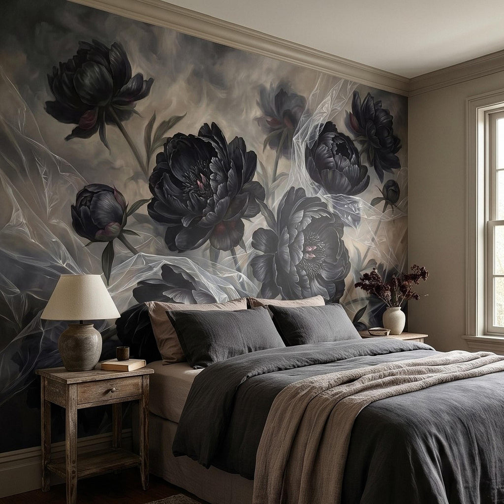 Dark Peony Peel and Stick Wall Mural, Black Floral Oil Painting Moody Romantic Gothic Luxury Wallpaper