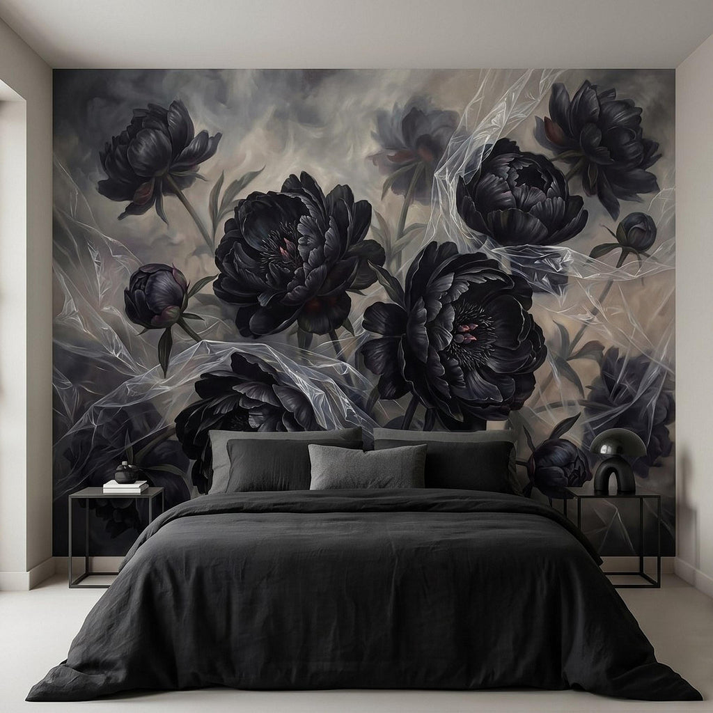 Dark Peony Peel and Stick Wall Mural, Black Floral Oil Painting Moody Romantic Gothic Luxury Wallpaper