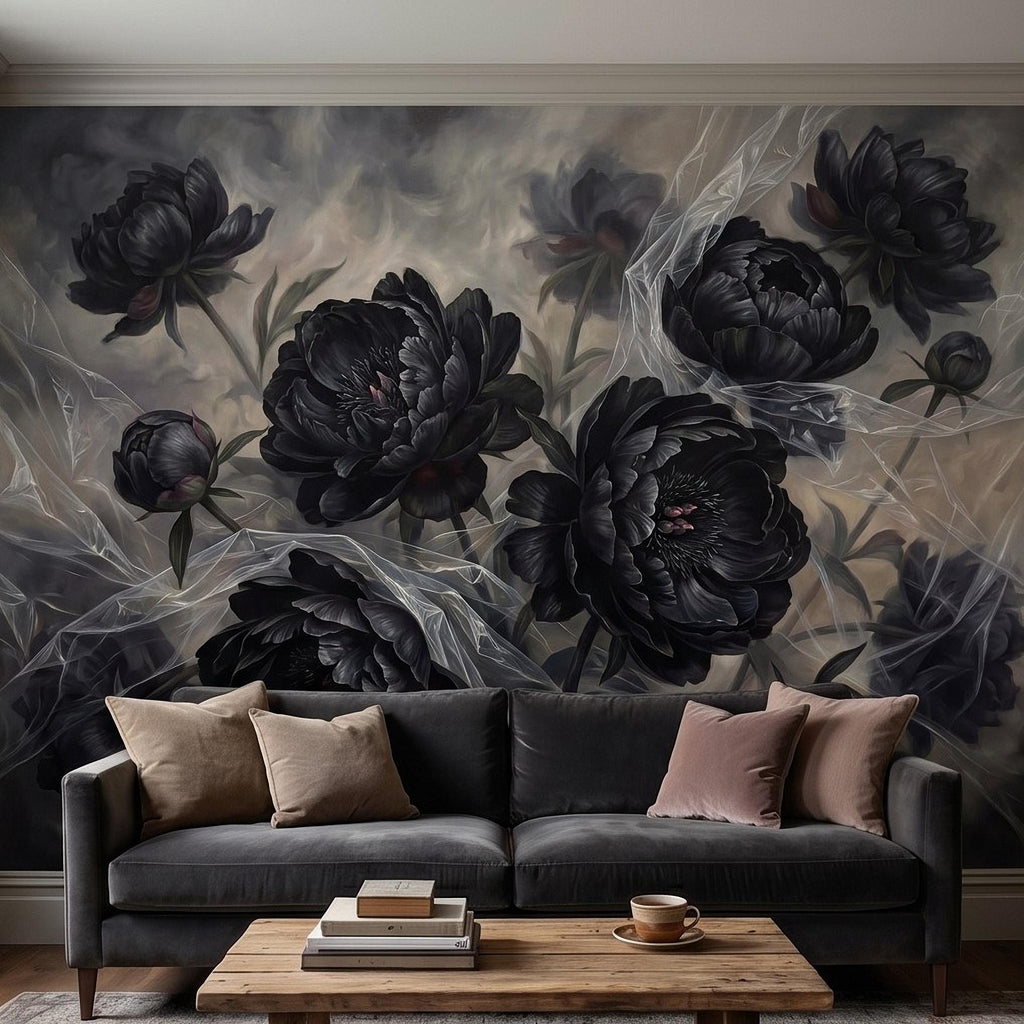 Dark Peony Peel and Stick Wall Mural, Black Floral Oil Painting Moody Romantic Gothic Luxury Wallpaper