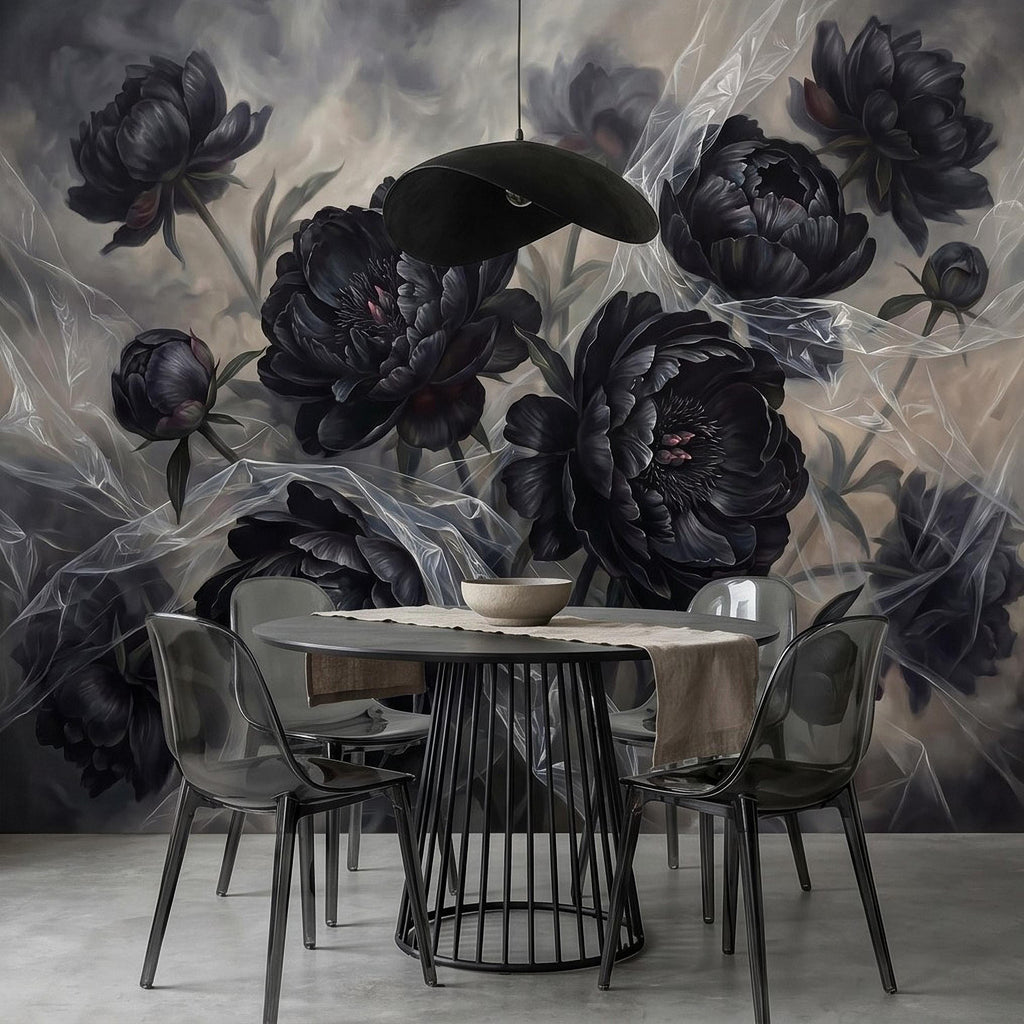 Dark Peony Peel and Stick Wall Mural, Black Floral Oil Painting Moody Romantic Gothic Luxury Wallpaper