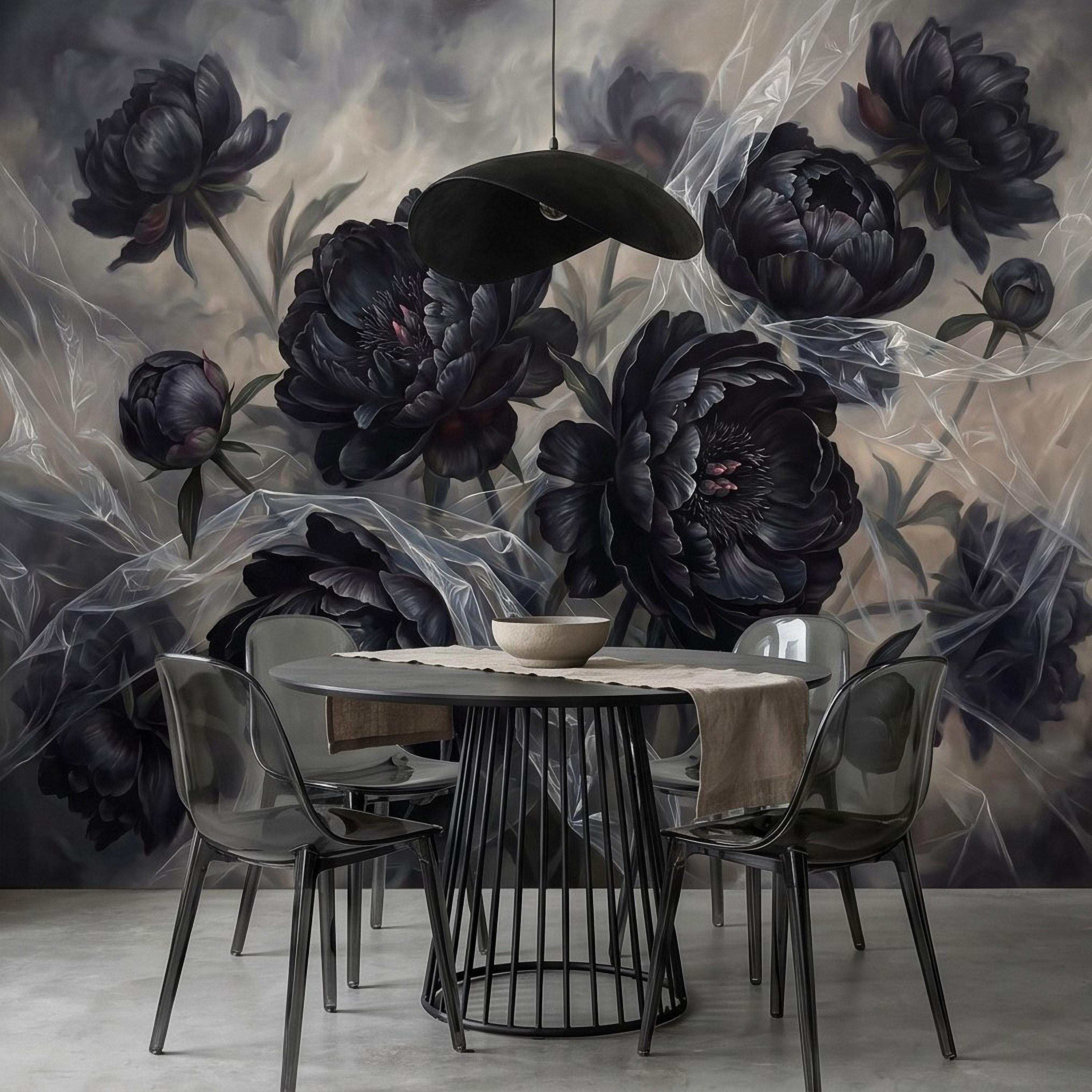 Dark Peony Peel and Stick Wall Mural, Black Floral Oil Painting Moody Romantic Gothic Luxury Wallpaper