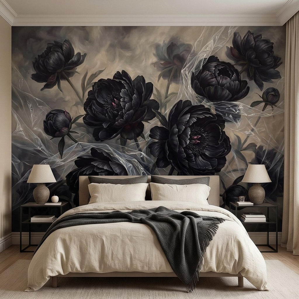 Dark Peony Peel and Stick Wall Mural, Black Floral Oil Painting Moody Romantic Gothic Luxury Wallpaper