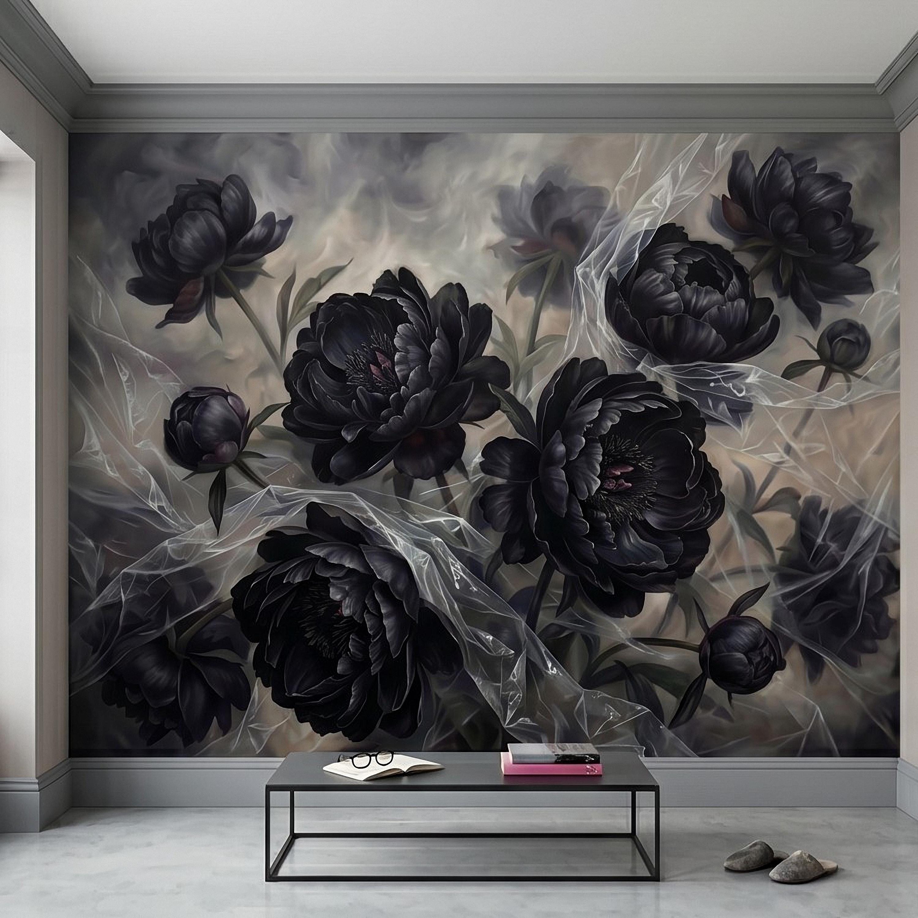 Dark Peony Peel and Stick Wall Mural, Black Floral Oil Painting Moody Romantic Gothic Luxury Wallpaper