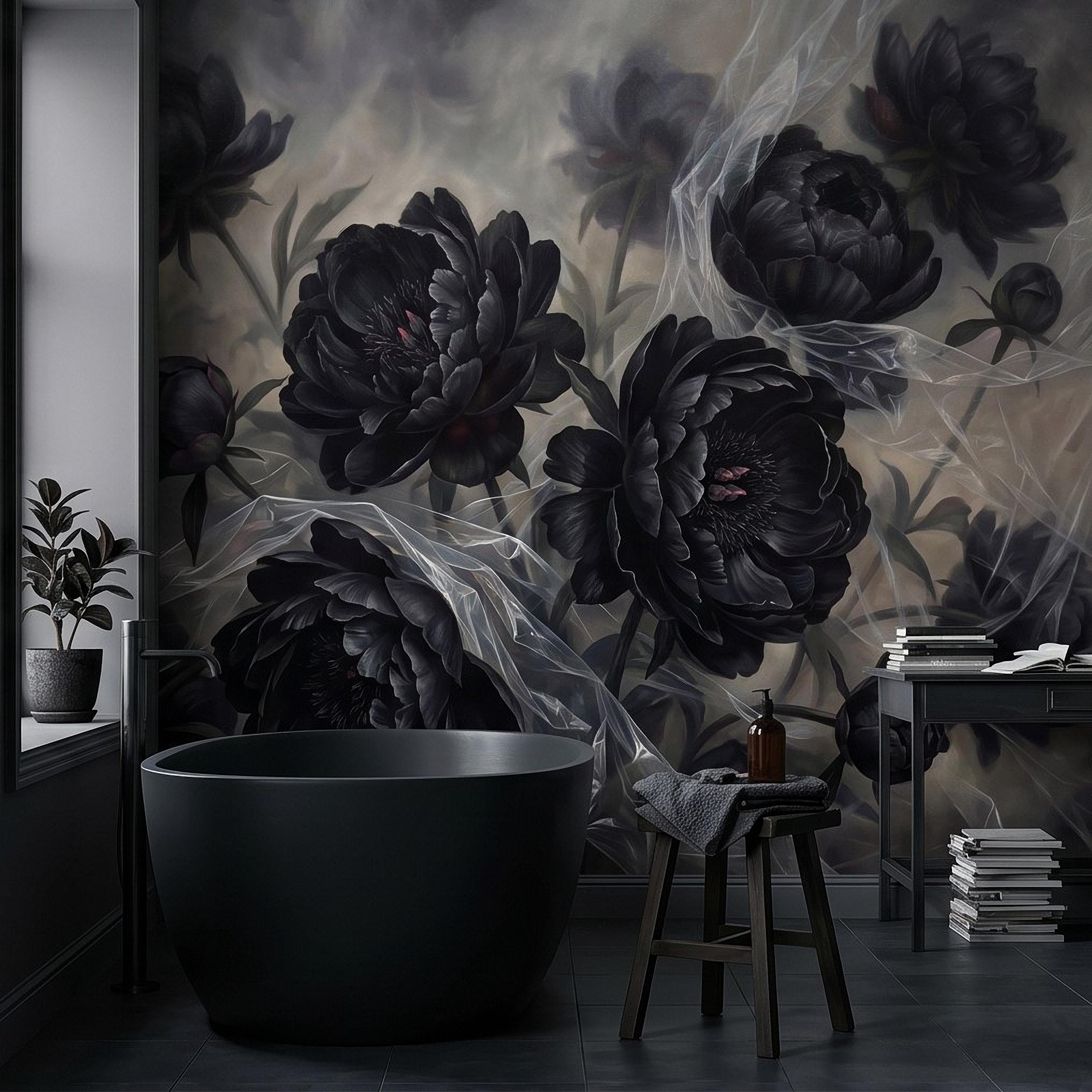 Dark Peony Peel and Stick Wall Mural, Black Floral Oil Painting Moody Romantic Gothic Luxury Wallpaper