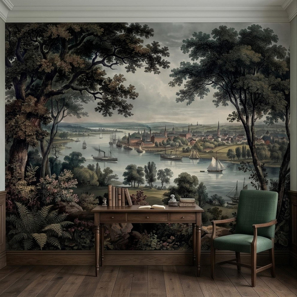 Vintage Riverside Town Peel and Stick Wall Mural, Historic Harbor View, Sailing Ships and Woodland Landscape Scenic Wallpaper