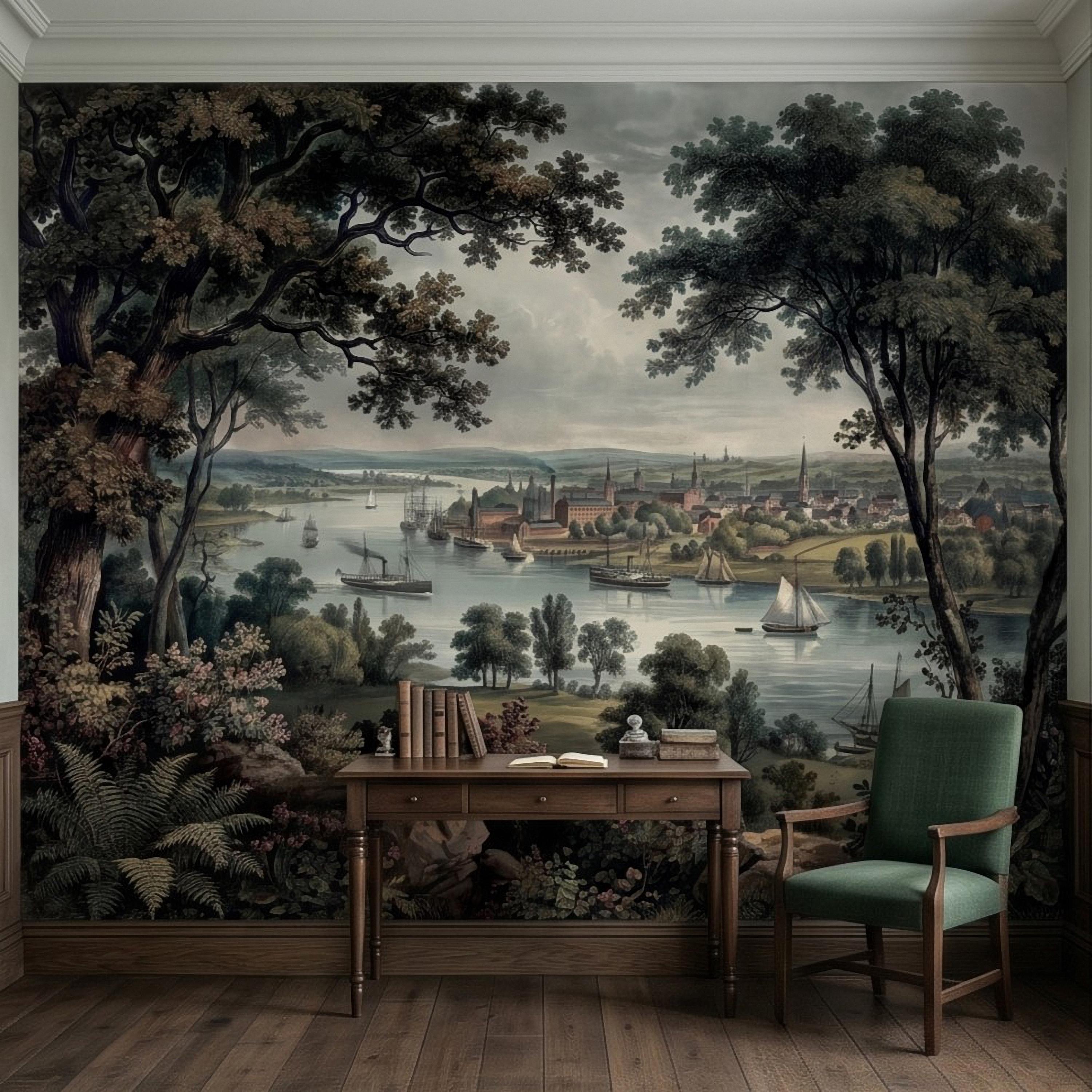 Vintage Riverside Town Peel and Stick Wall Mural, Historic Harbor View, Sailing Ships and Woodland Landscape Scenic Wallpaper