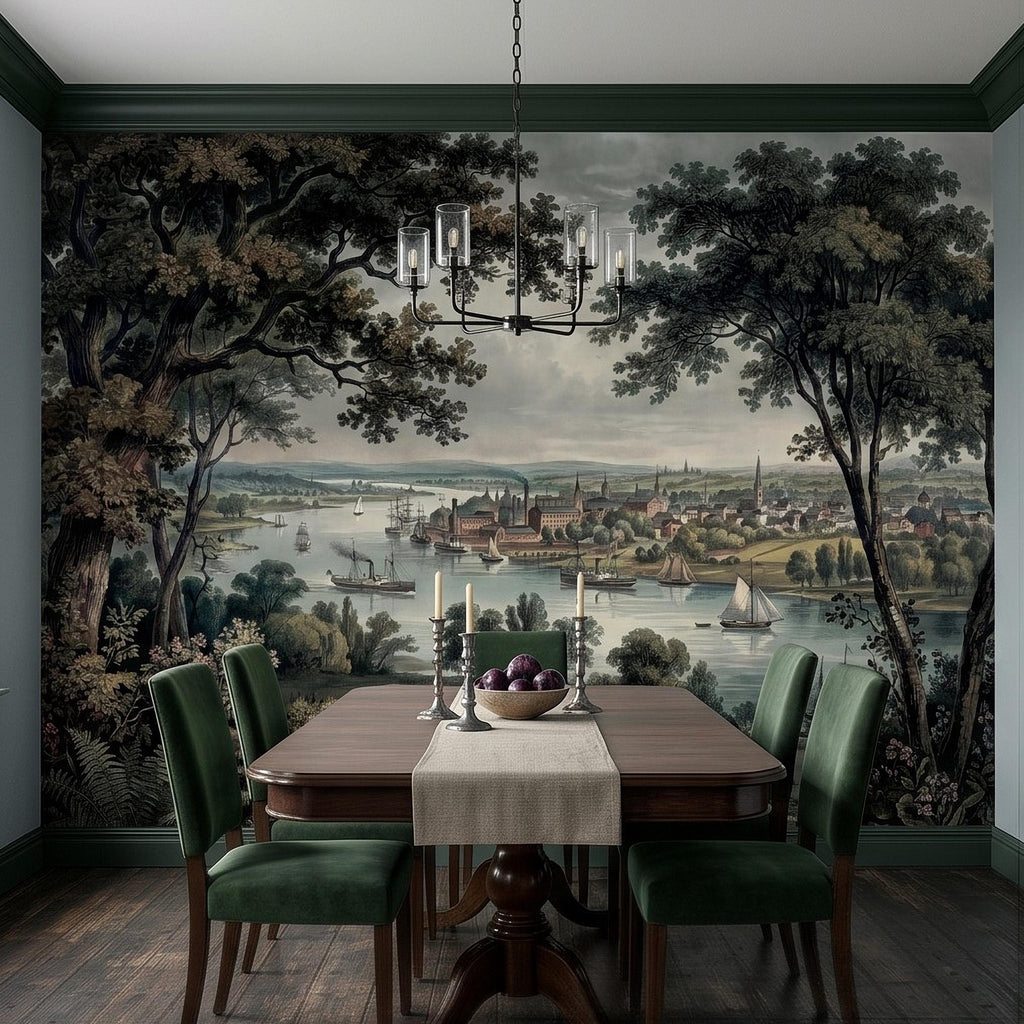 Vintage Riverside Town Peel and Stick Wall Mural, Historic Harbor View, Sailing Ships and Woodland Landscape Scenic Wallpaper
