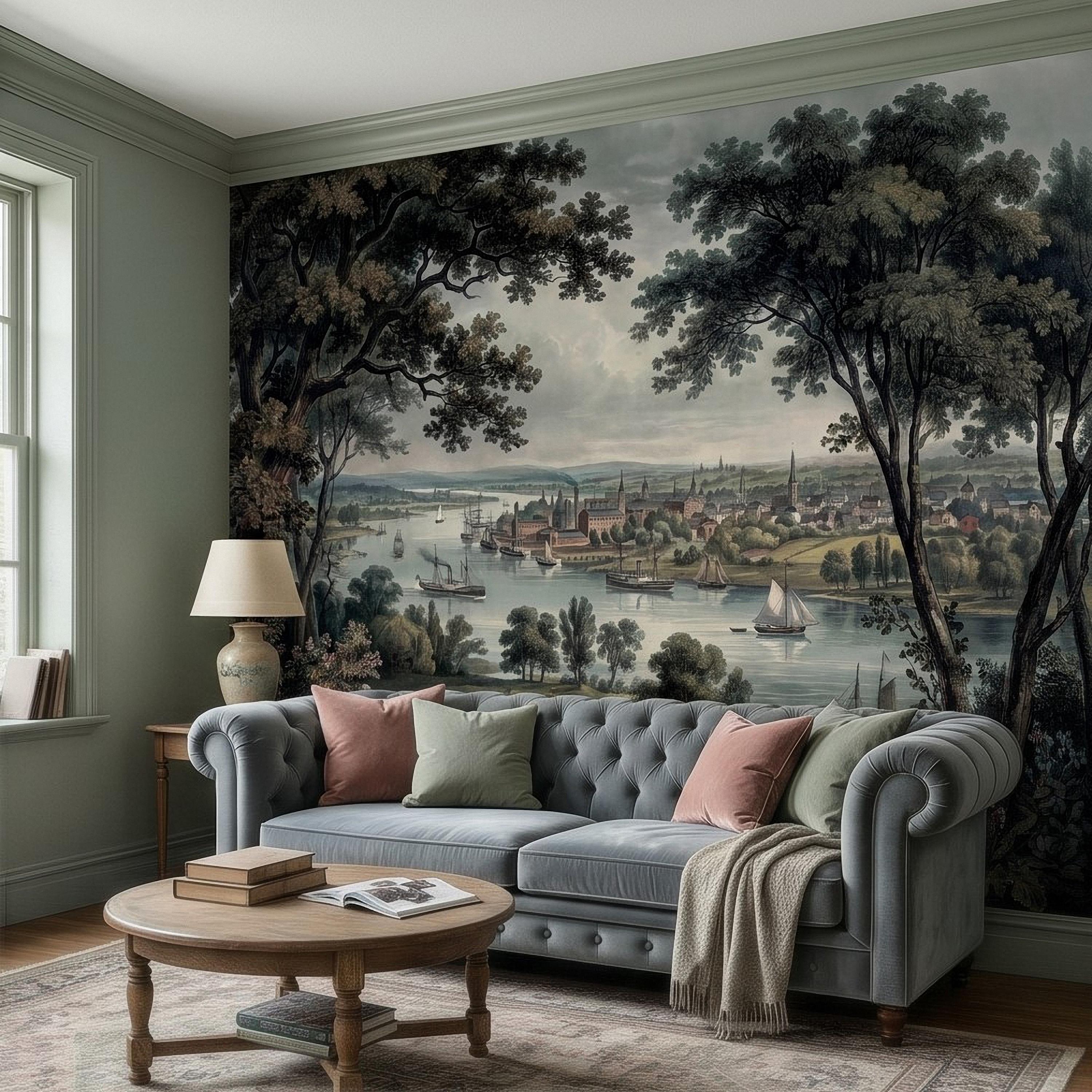 Vintage Riverside Town Peel and Stick Wall Mural, Historic Harbor View, Sailing Ships and Woodland Landscape Scenic Wallpaper