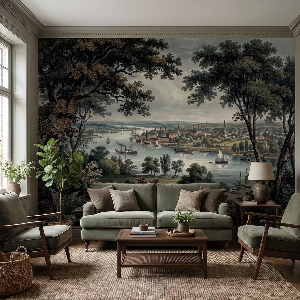 Vintage Riverside Town Peel and Stick Wall Mural, Historic Harbor View, Sailing Ships and Woodland Landscape Scenic Wallpaper