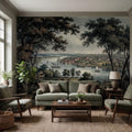 Vintage Riverside Town Peel and Stick Wall Mural, Historic Harbor View, Sailing Ships and Woodland Landscape Scenic Wallpaper