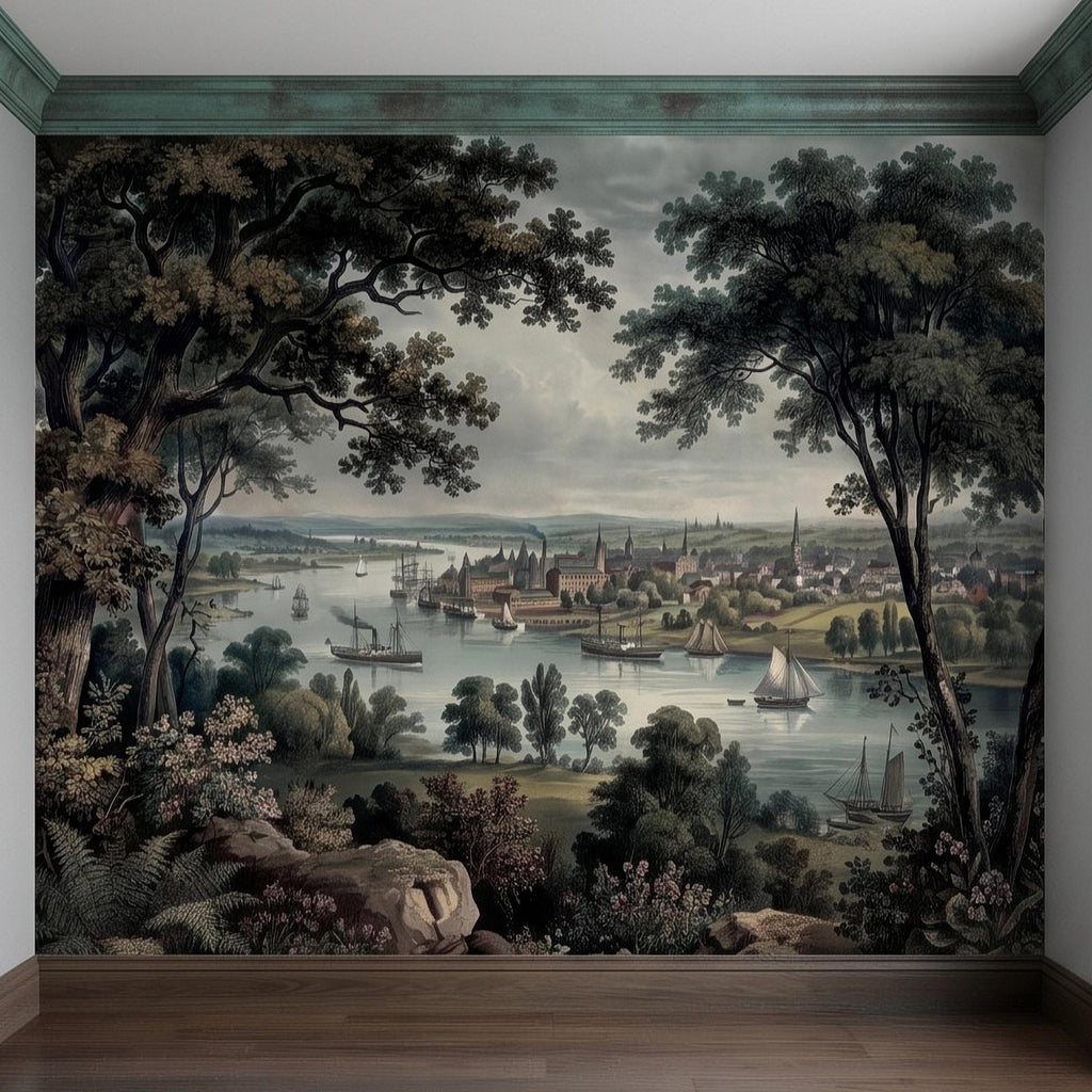 Vintage Riverside Town Peel and Stick Wall Mural, Historic Harbor View, Sailing Ships and Woodland Landscape Scenic Wallpaper