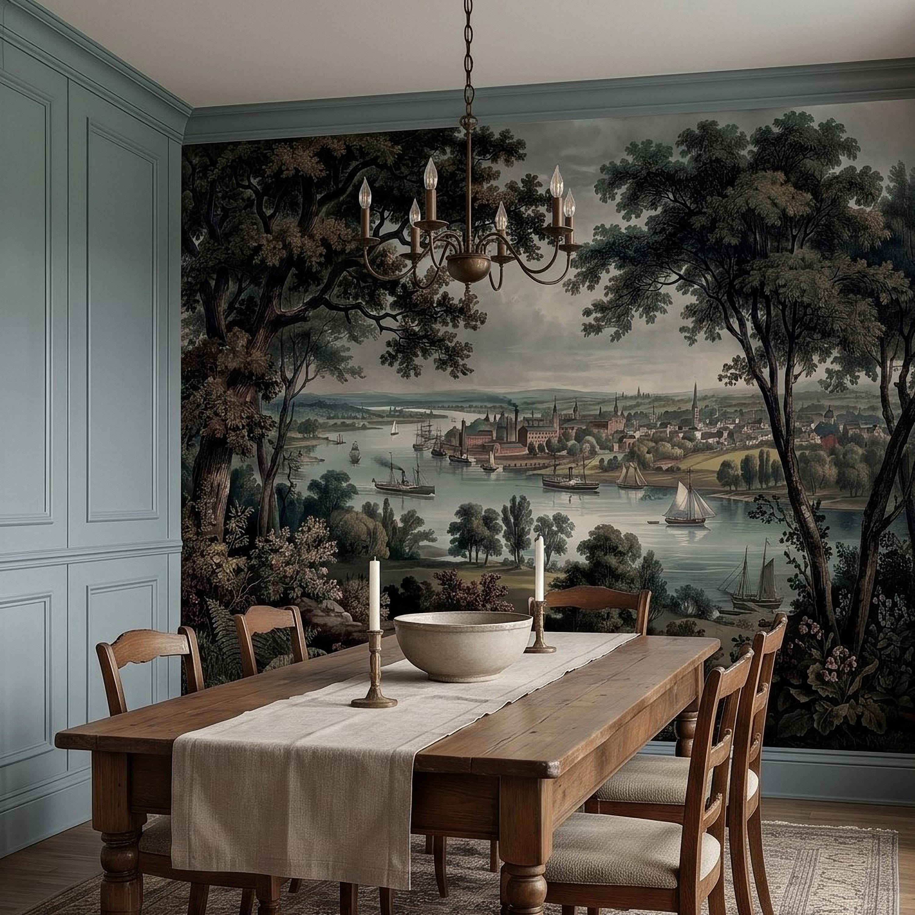 Vintage Riverside Town Peel and Stick Wall Mural, Historic Harbor View, Sailing Ships and Woodland Landscape Scenic Wallpaper