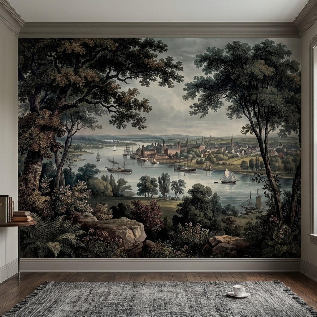Vintage Riverside Town Peel and Stick Wall Mural, Historic Harbor View, Sailing Ships and Woodland Landscape Scenic Wallpaper