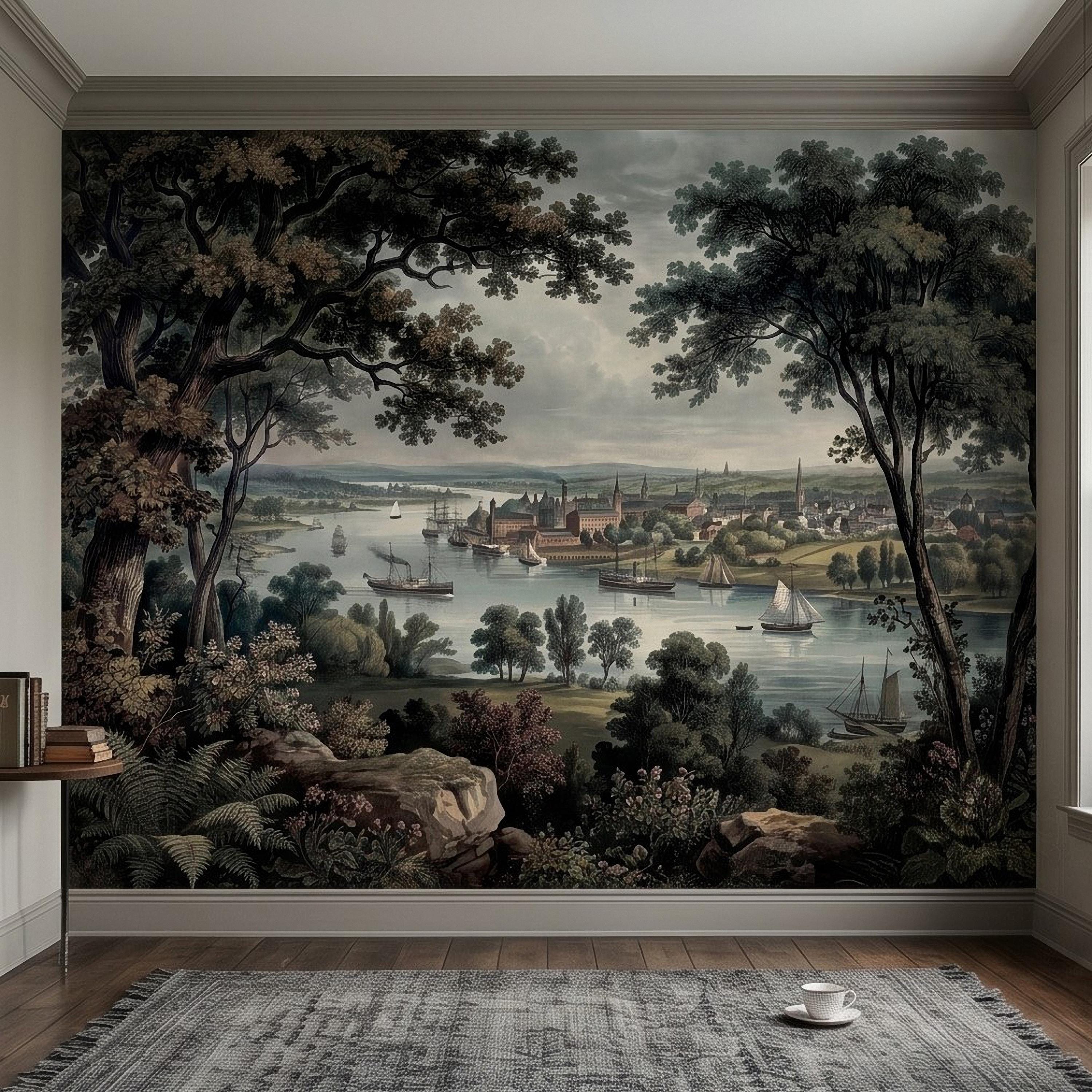 Vintage Riverside Town Peel and Stick Wall Mural, Historic Harbor View, Sailing Ships and Woodland Landscape Scenic Wallpaper