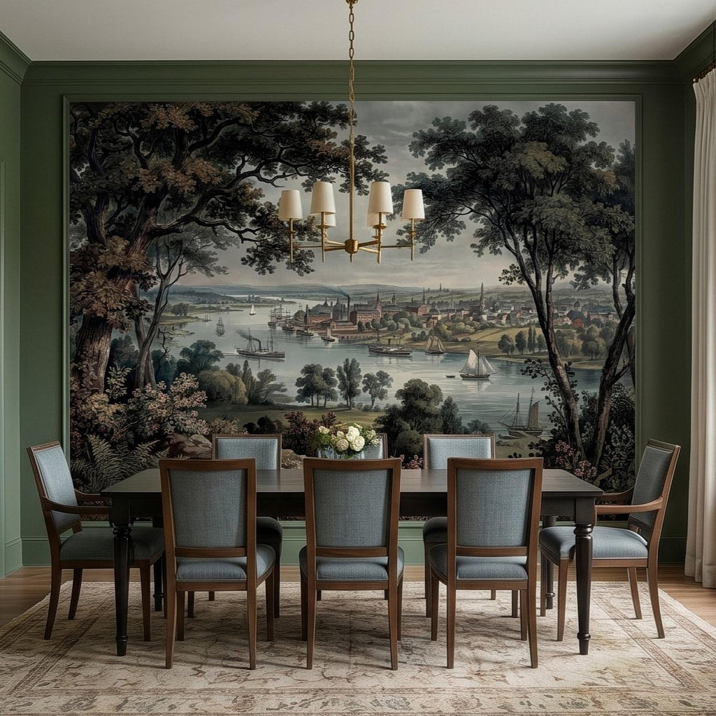Vintage Riverside Town Peel and Stick Wall Mural, Historic Harbor View, Sailing Ships and Woodland Landscape Scenic Wallpaper