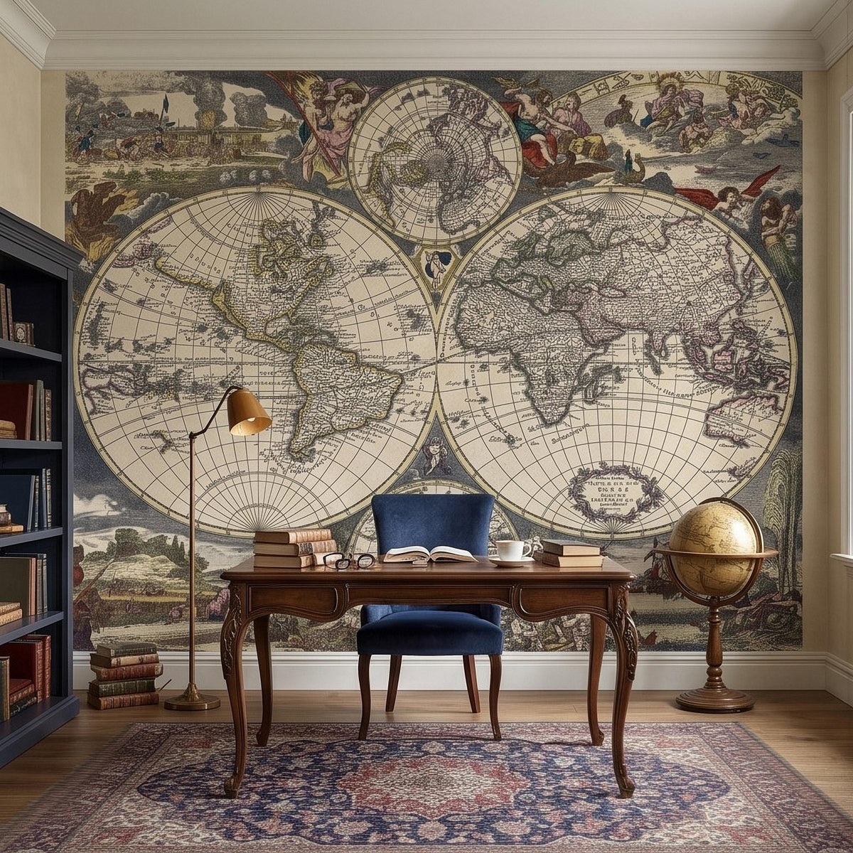 Antique world map wall mural with three map circles and detailed engraved coastlines