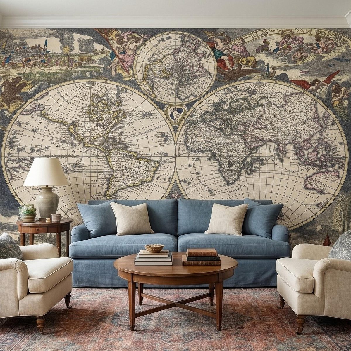 Antique world map wall mural with three circular engravings and ornate border scenes