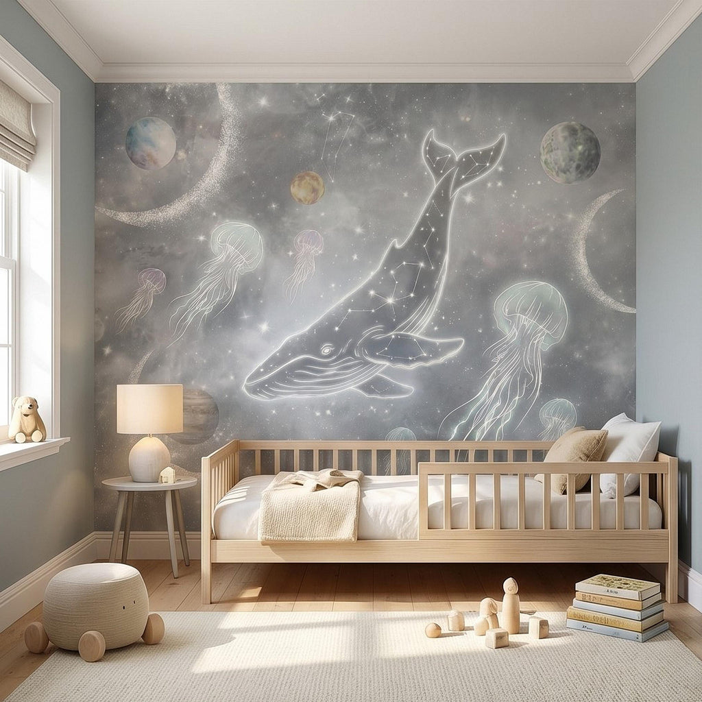 Celestial Whale Peel and Stick Wall Mural, Constellation Galaxy with Moon Phases, Dreamy Space Nursery Wallpaper