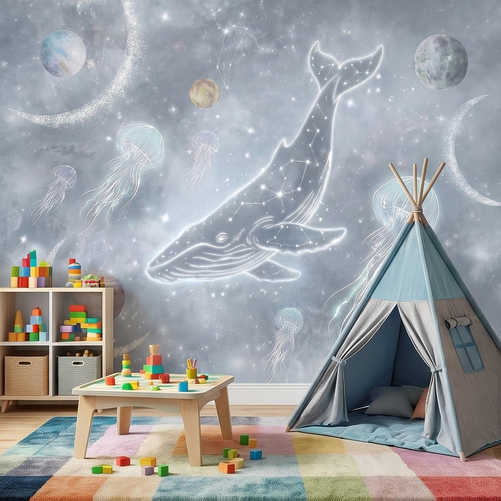 Celestial Whale Peel and Stick Wall Mural, Constellation Galaxy with Moon Phases, Dreamy Space Nursery Wallpaper