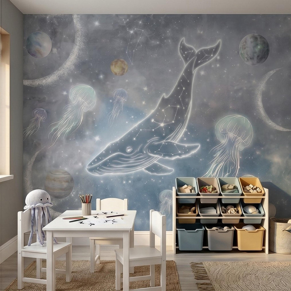 Celestial Whale Peel and Stick Wall Mural, Constellation Galaxy with Moon Phases, Dreamy Space Nursery Wallpaper