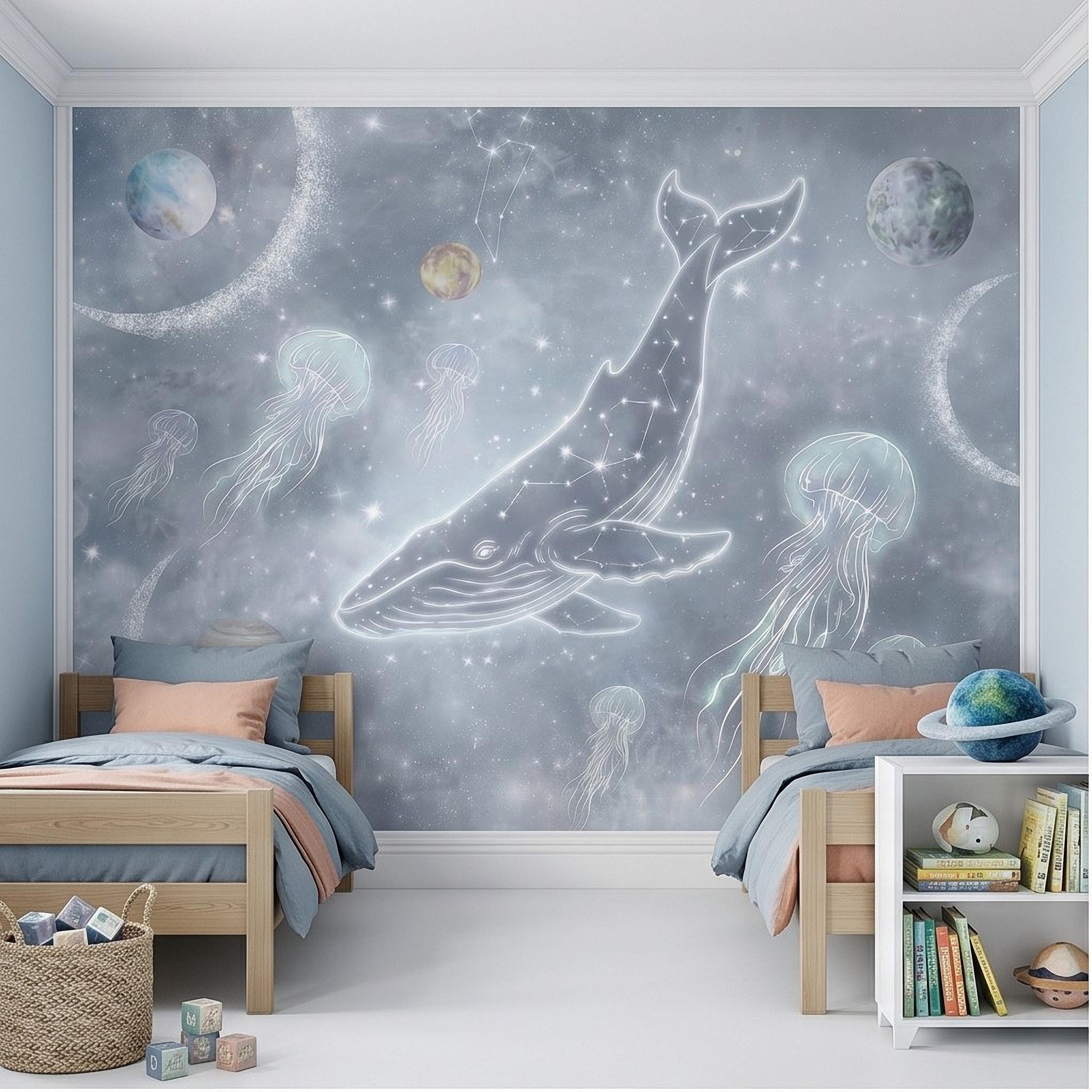 Celestial Whale Peel and Stick Wall Mural, Constellation Galaxy with Moon Phases, Dreamy Space Nursery Wallpaper
