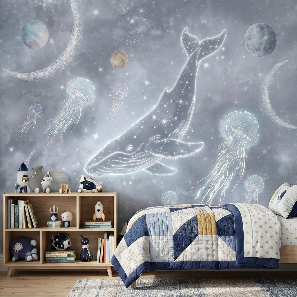 Celestial Whale Peel and Stick Wall Mural, Constellation Galaxy with Moon Phases, Dreamy Space Nursery Wallpaper
