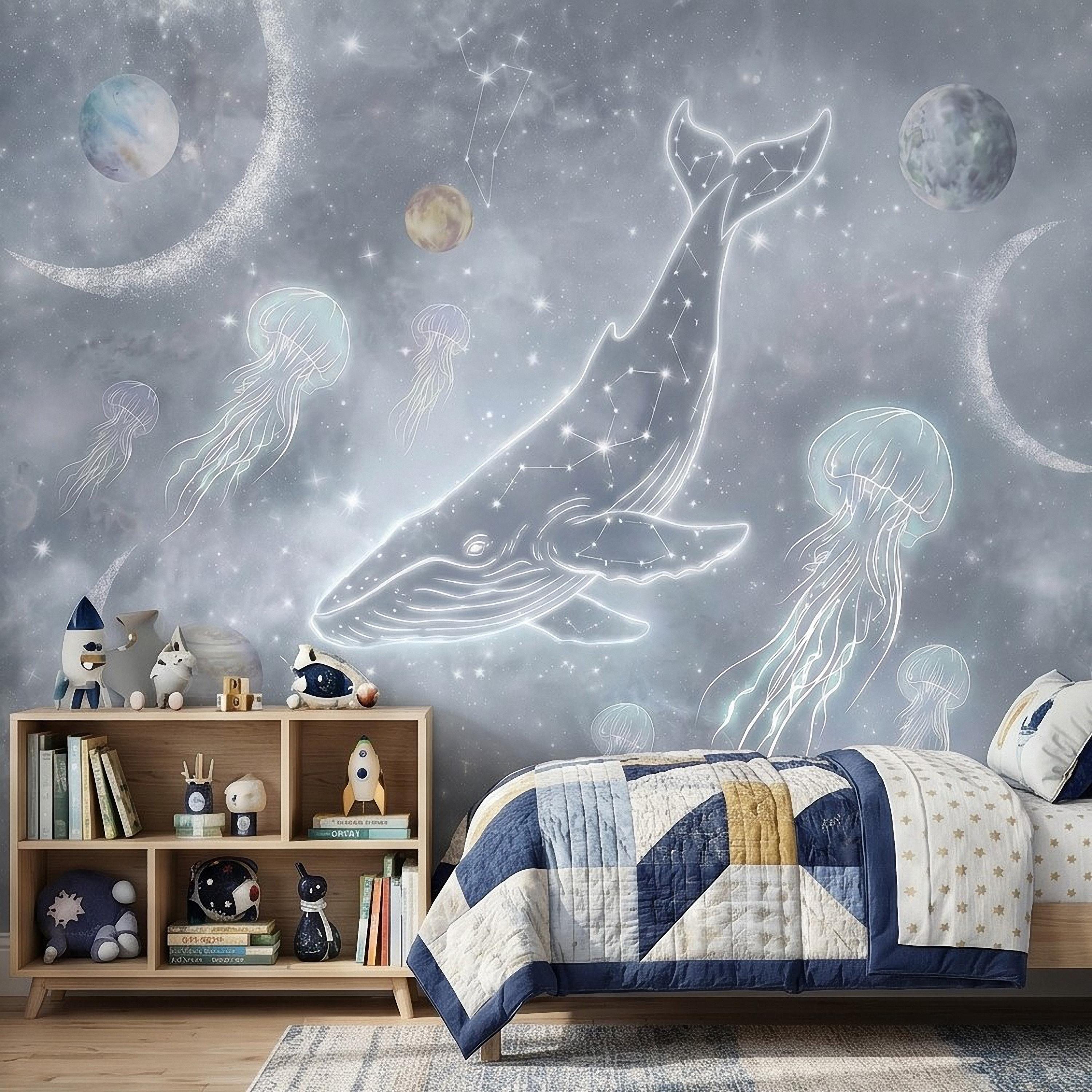 Celestial Whale Peel and Stick Wall Mural, Constellation Galaxy with Moon Phases, Dreamy Space Nursery Wallpaper