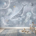 Celestial Whale Peel and Stick Wall Mural, Constellation Galaxy with Moon Phases, Dreamy Space Nursery Wallpaper