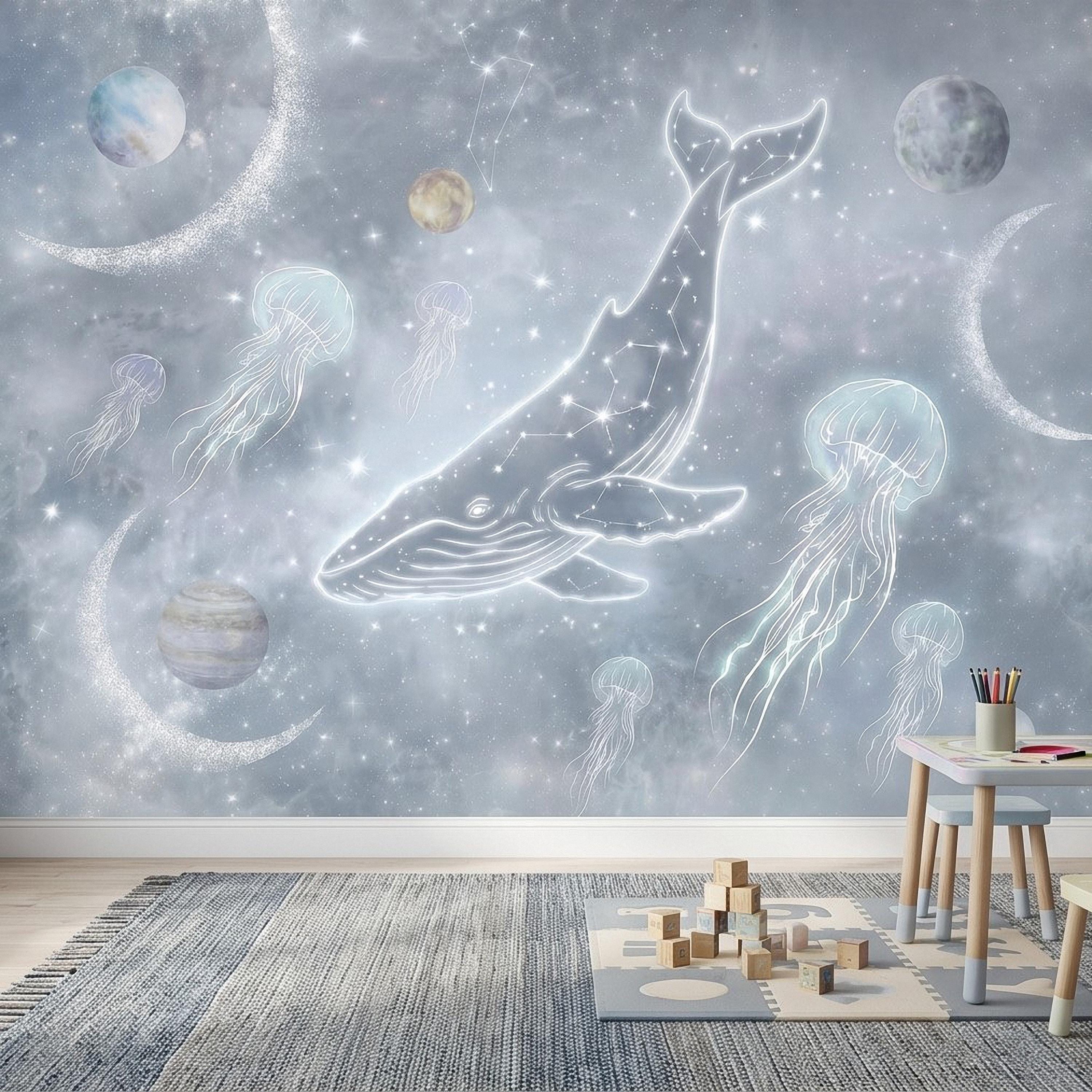 Celestial Whale Peel and Stick Wall Mural, Constellation Galaxy with Moon Phases, Dreamy Space Nursery Wallpaper