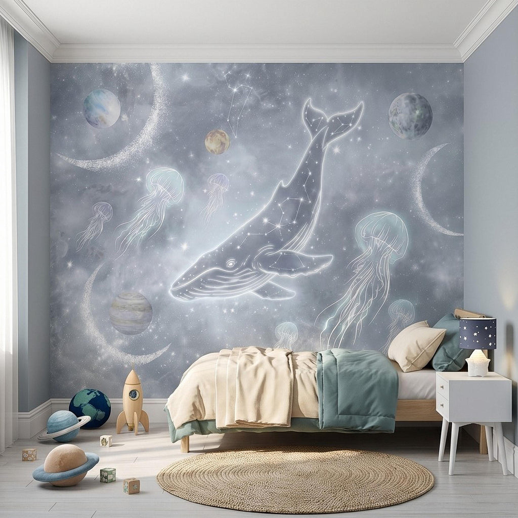 Celestial Whale Peel and Stick Wall Mural, Constellation Galaxy with Moon Phases, Dreamy Space Nursery Wallpaper