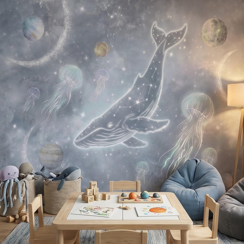 Celestial Whale Peel and Stick Wall Mural, Constellation Galaxy with Moon Phases, Dreamy Space Nursery Wallpaper