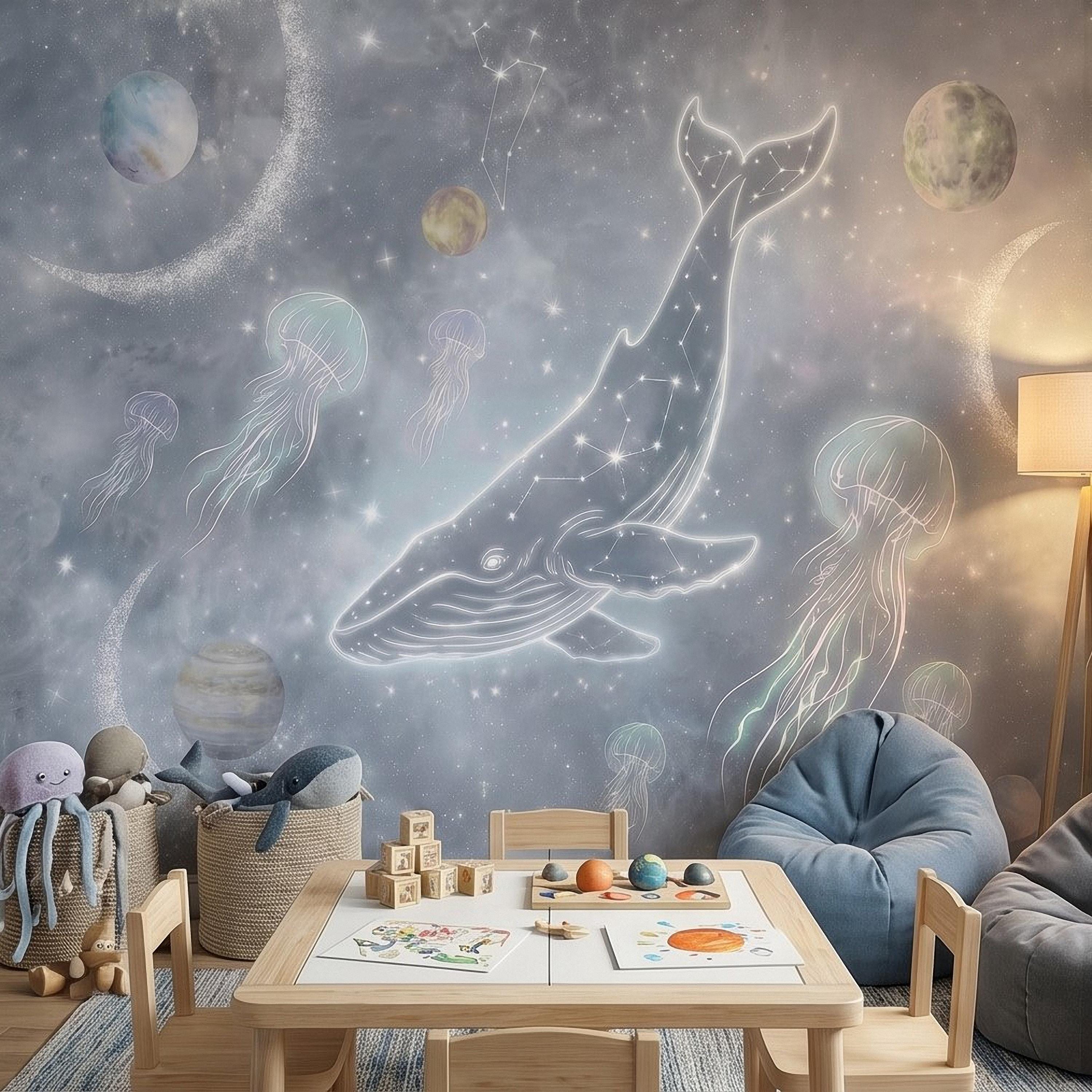 Celestial Whale Peel and Stick Wall Mural, Constellation Galaxy with Moon Phases, Dreamy Space Nursery Wallpaper