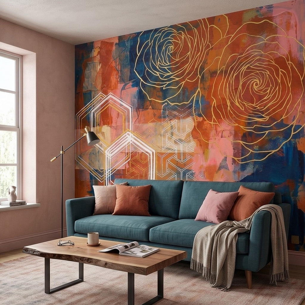 Abstract Rose Peel and Stick Wall Mural, Geometric Line Art Flowers, Hexagon Motifs and Color Block Composition Contemporary Wallpaper