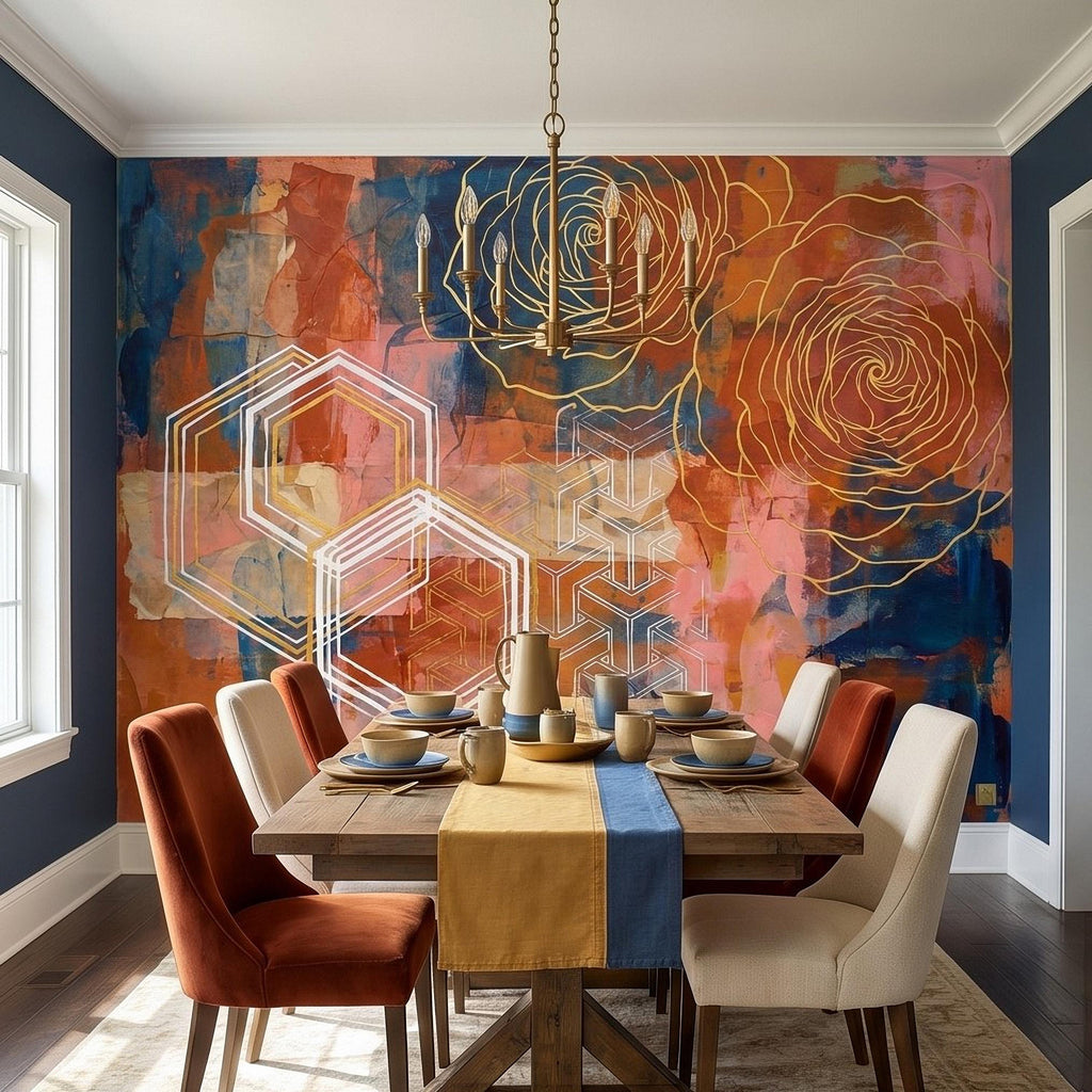 Abstract Rose Peel and Stick Wall Mural, Geometric Line Art Flowers, Hexagon Motifs and Color Block Composition Contemporary Wallpaper