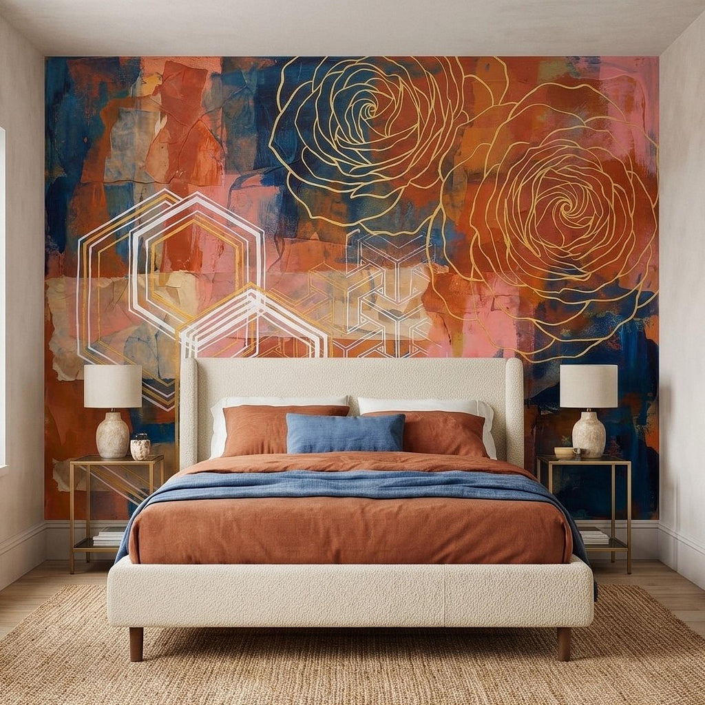 Abstract Rose Peel and Stick Wall Mural, Geometric Line Art Flowers, Hexagon Motifs and Color Block Composition Contemporary Wallpaper