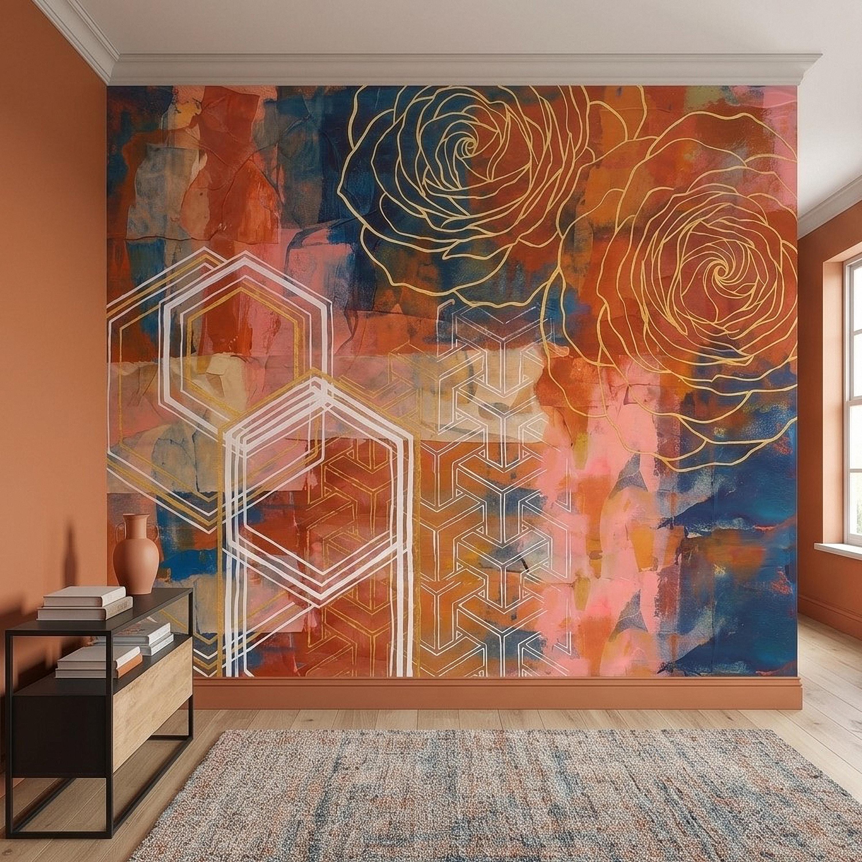 Abstract Rose Peel and Stick Wall Mural, Geometric Line Art Flowers, Hexagon Motifs and Color Block Composition Contemporary Wallpaper