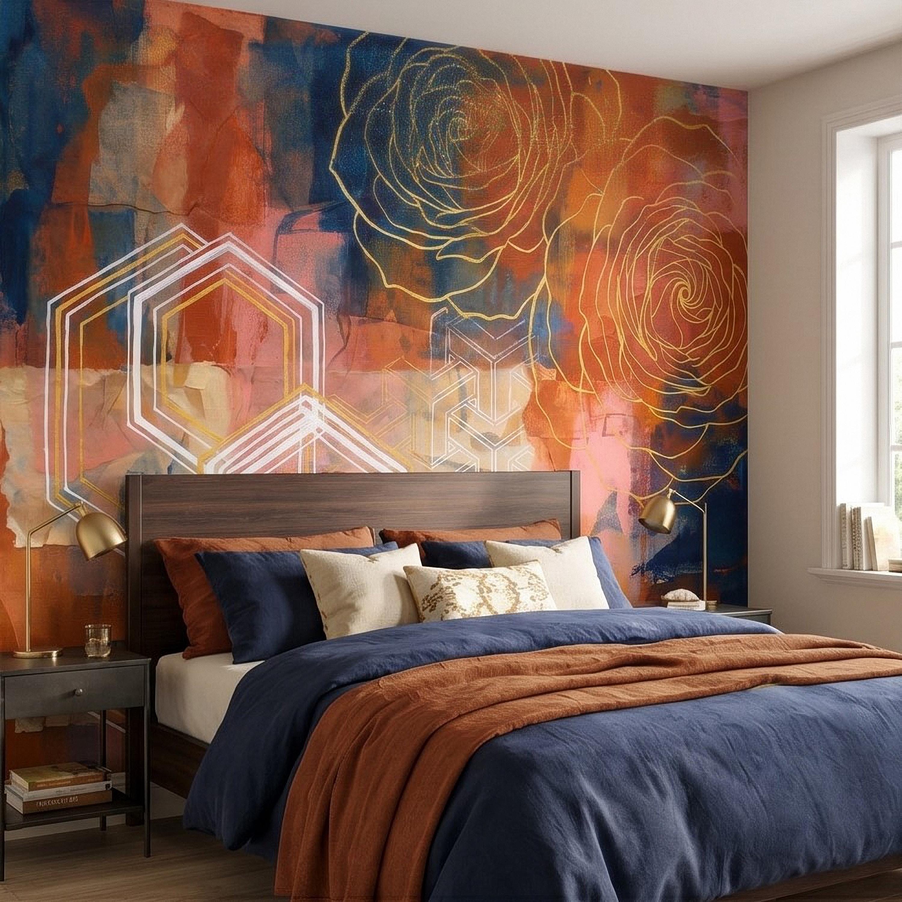 Abstract Rose Peel and Stick Wall Mural, Geometric Line Art Flowers, Hexagon Motifs and Color Block Composition Contemporary Wallpaper