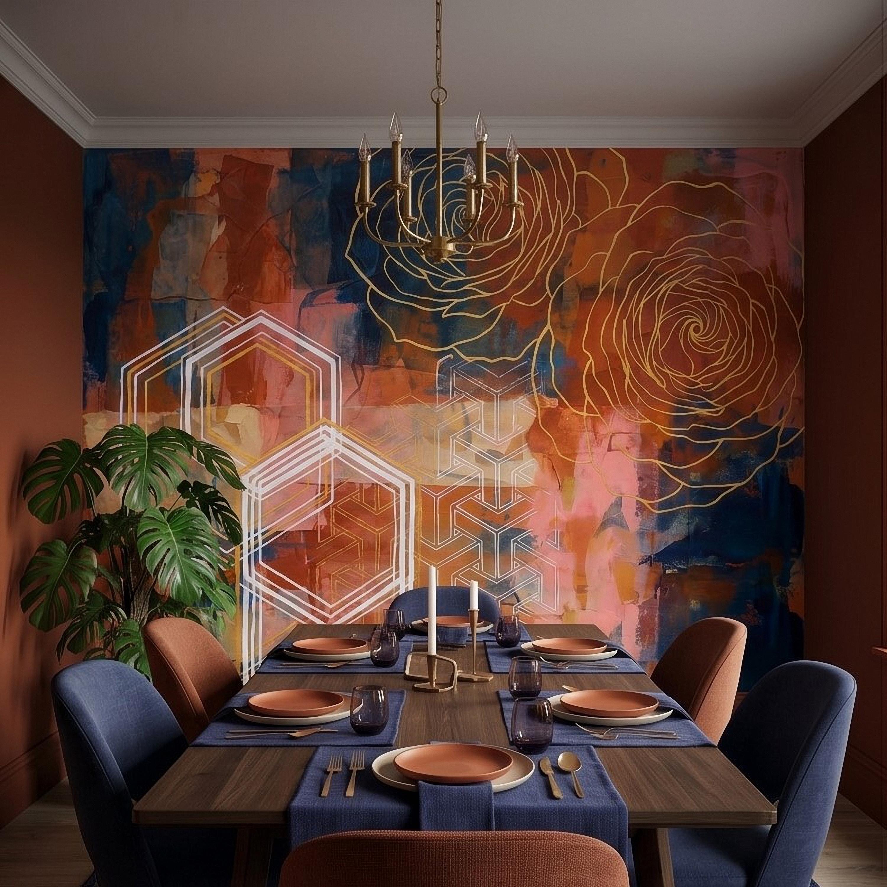 Abstract Rose Peel and Stick Wall Mural, Geometric Line Art Flowers, Hexagon Motifs and Color Block Composition Contemporary Wallpaper