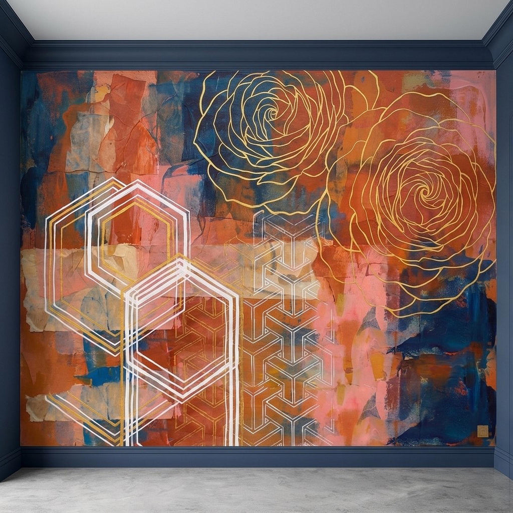 Abstract Rose Peel and Stick Wall Mural, Geometric Line Art Flowers, Hexagon Motifs and Color Block Composition Contemporary Wallpaper