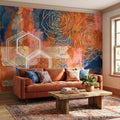 Abstract Rose Peel and Stick Wall Mural, Geometric Line Art Flowers, Hexagon Motifs and Color Block Composition Contemporary Wallpaper