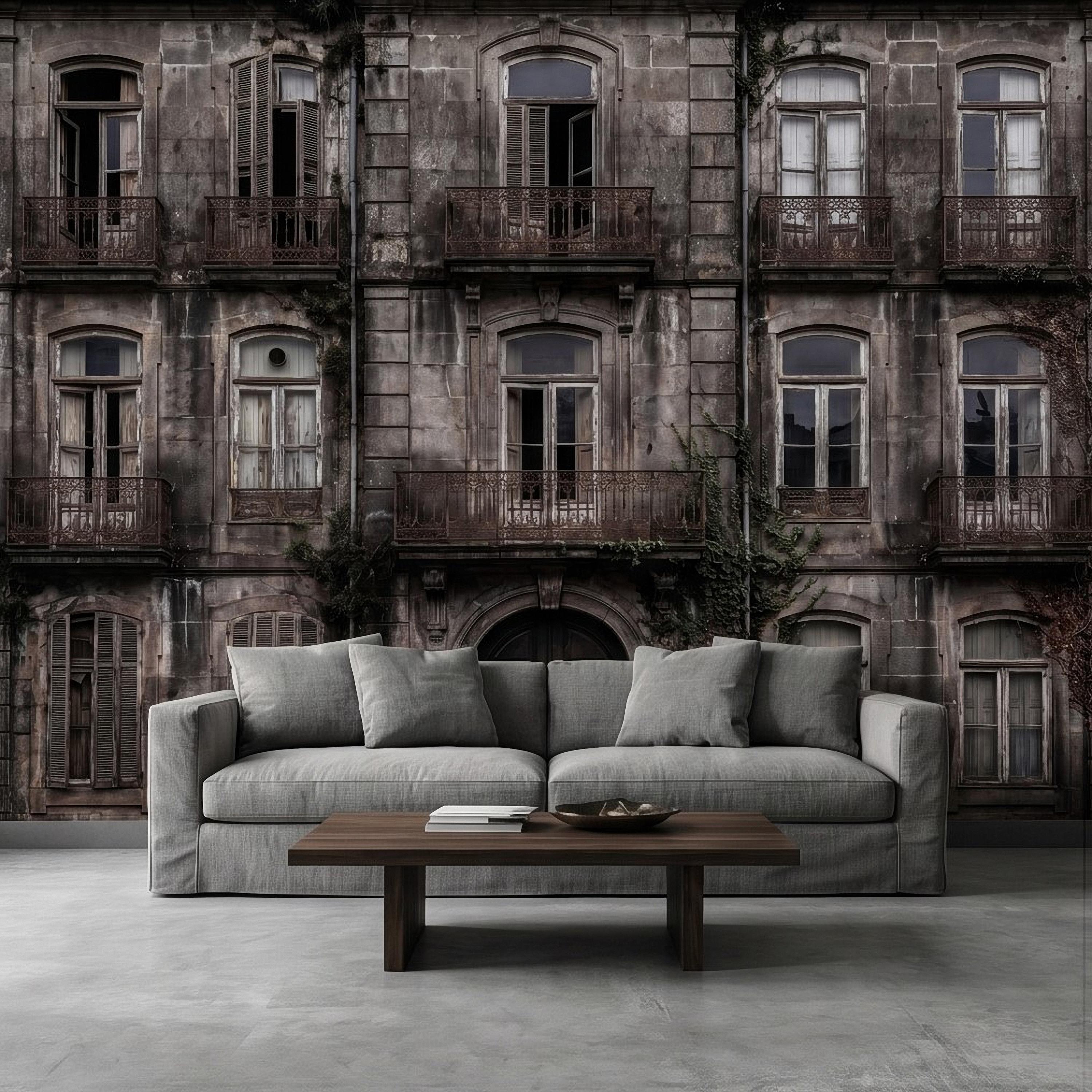 Abandoned Weathered Building Facade Peel and Stick Wall Mural, Aged Stone Architecture, Vintage Balconies and Windows Wallpaper